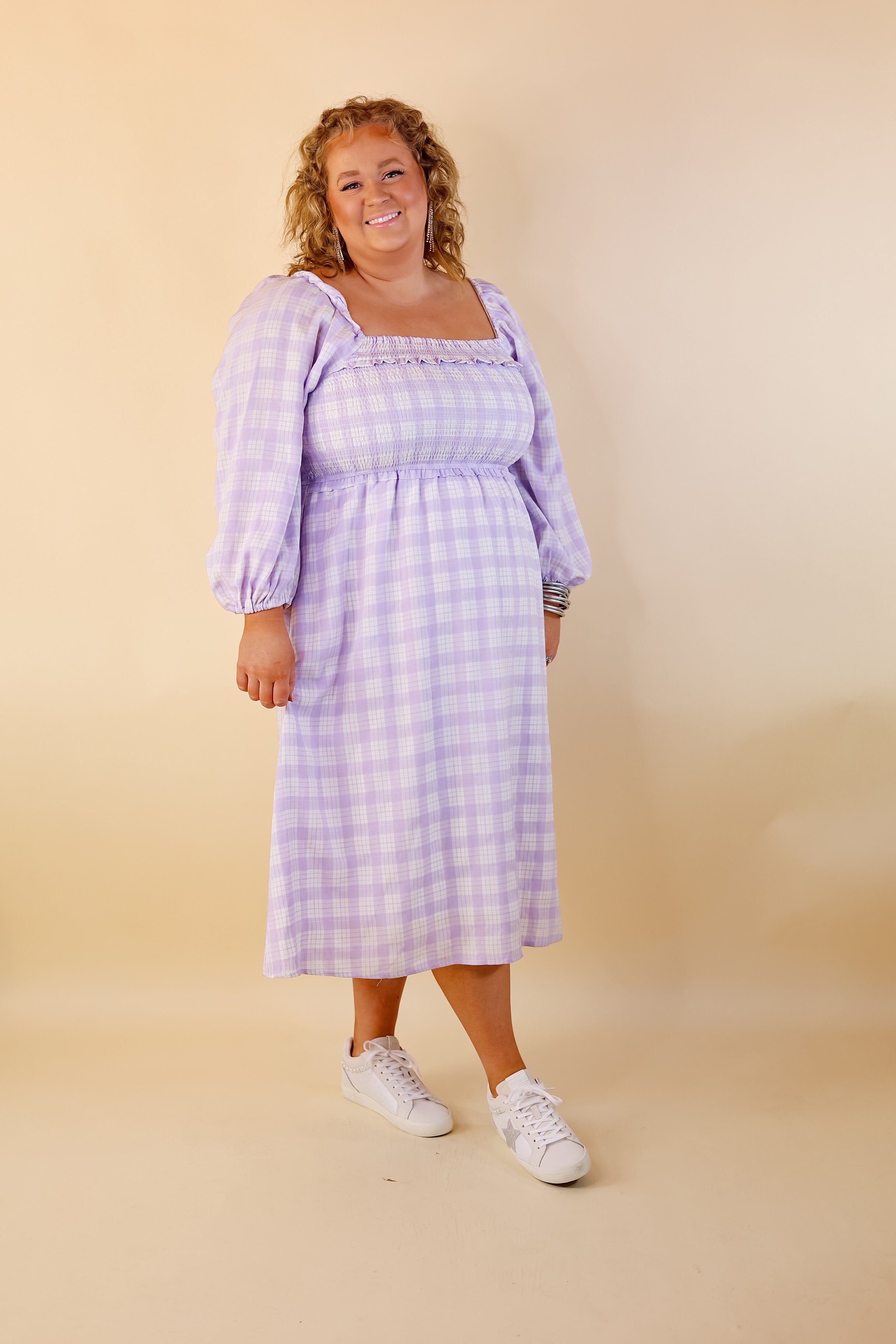 Adorable Impression Plaid Midi Dress with Smocked Bodice in Lavender Purple - Giddy Up Glamour Boutique