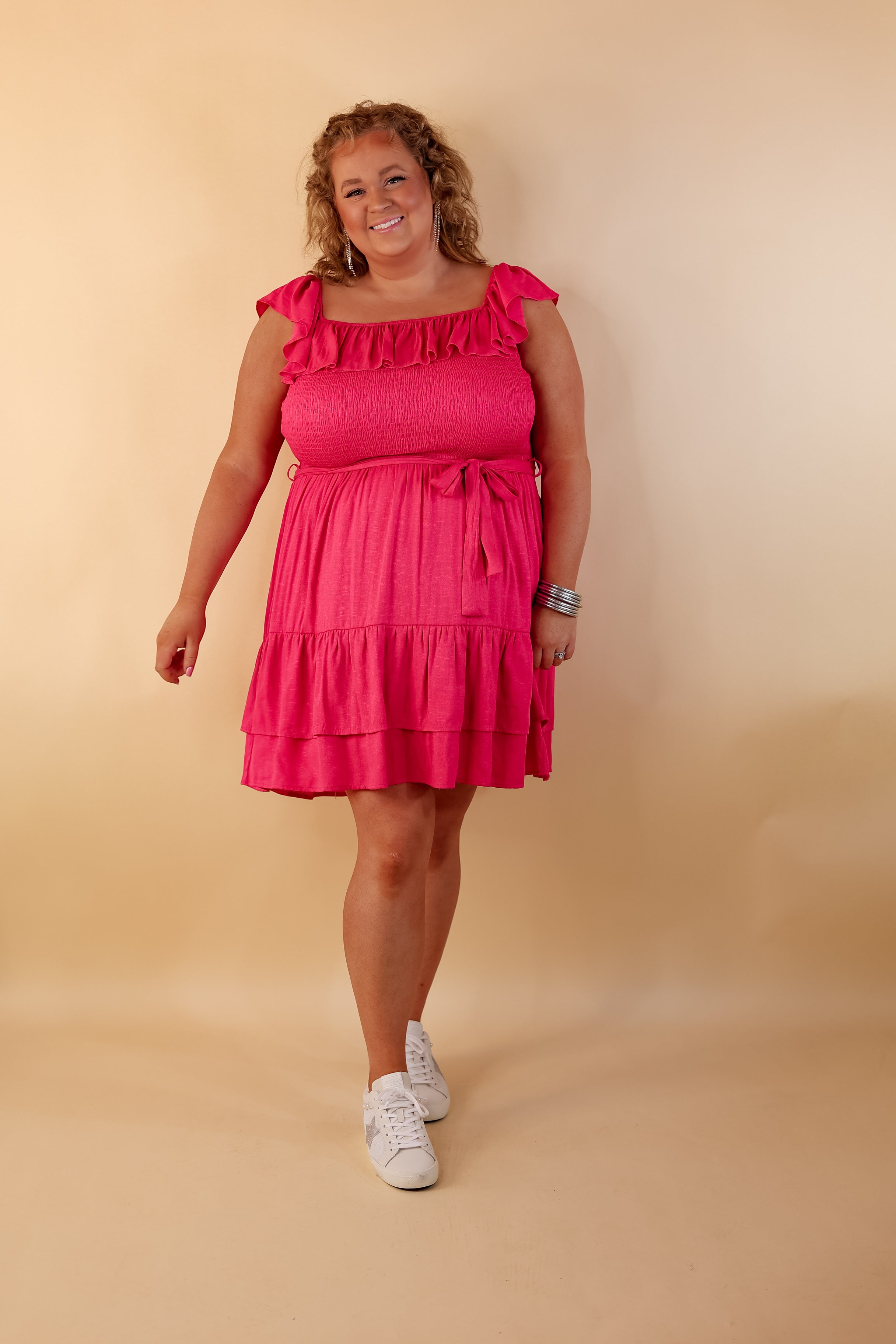 Feeling Refined Ruffle Tiered Dress with Smocked Bodice in Hot Pink - Giddy Up Glamour Boutique