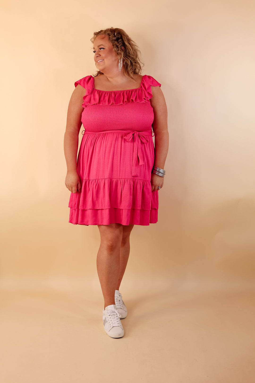 Feeling Refined Ruffle Tiered Dress with Smocked Bodice in Hot Pink - Giddy Up Glamour Boutique