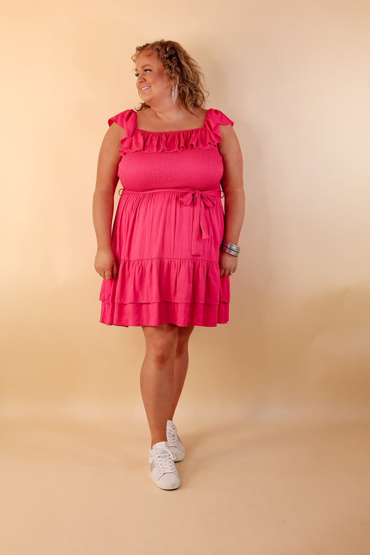 Feeling Refined Ruffle Tiered Dress with Smocked Bodice in Hot Pink - Giddy Up Glamour Boutique