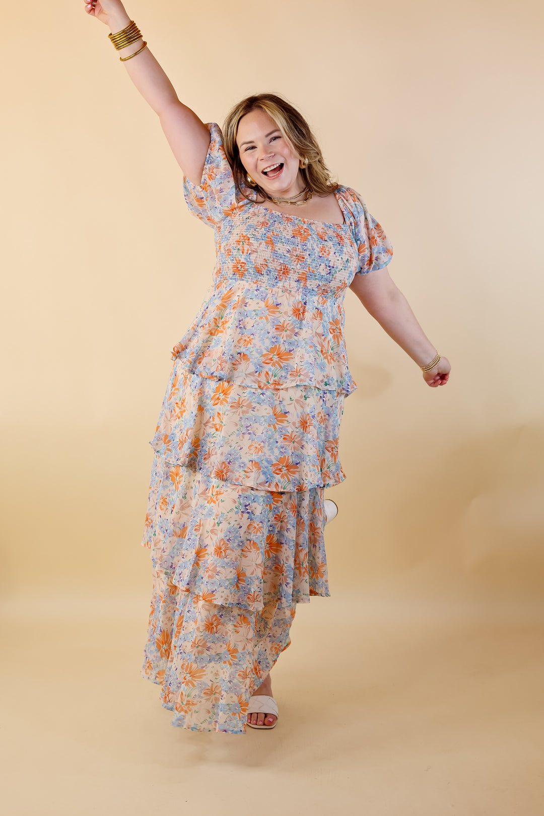 Fun Feeling Floral Tiered Maxi Dress with Smocked Balloon Sleeves in Orange Mix - Giddy Up Glamour Boutique