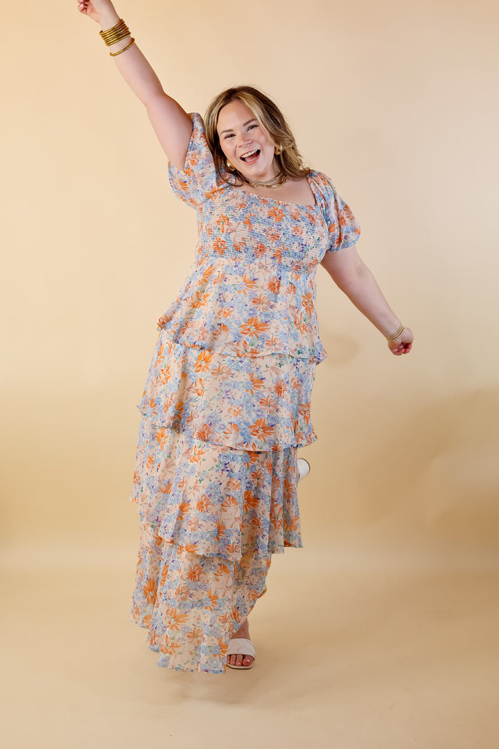 Fun Feeling Floral Tiered Maxi Dress with Smocked Balloon Sleeves in Orange Mix - Giddy Up Glamour Boutique