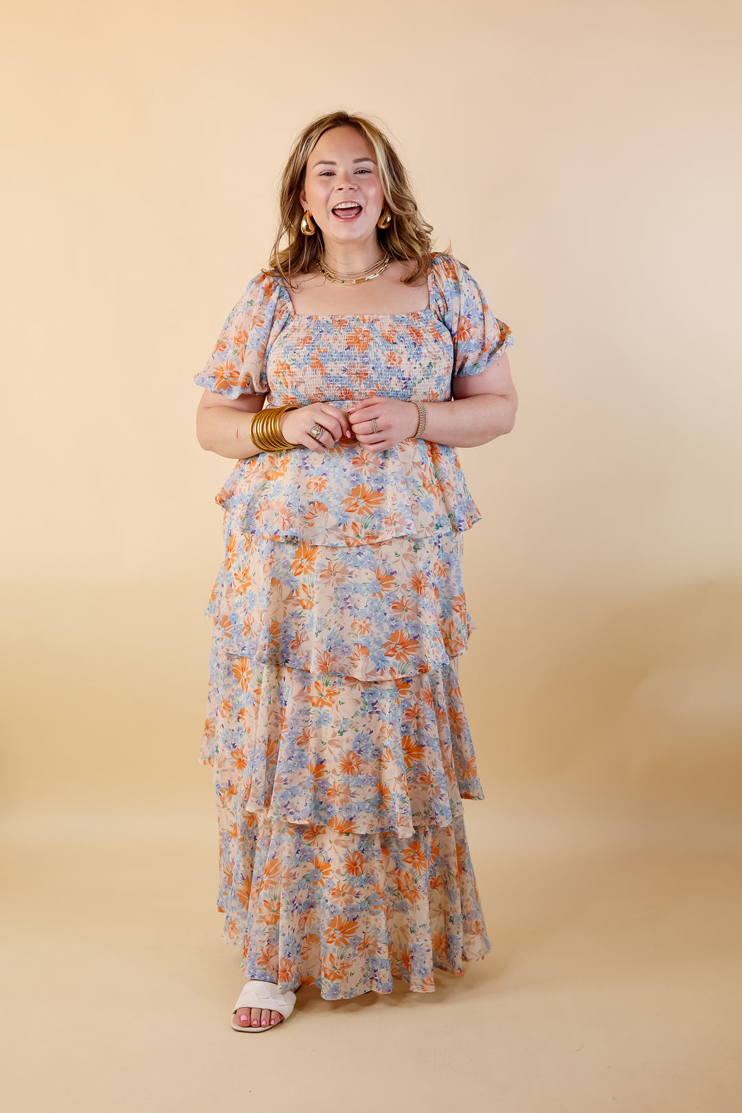 Fun Feeling Floral Tiered Maxi Dress with Smocked Balloon Sleeves in Orange Mix - Giddy Up Glamour Boutique