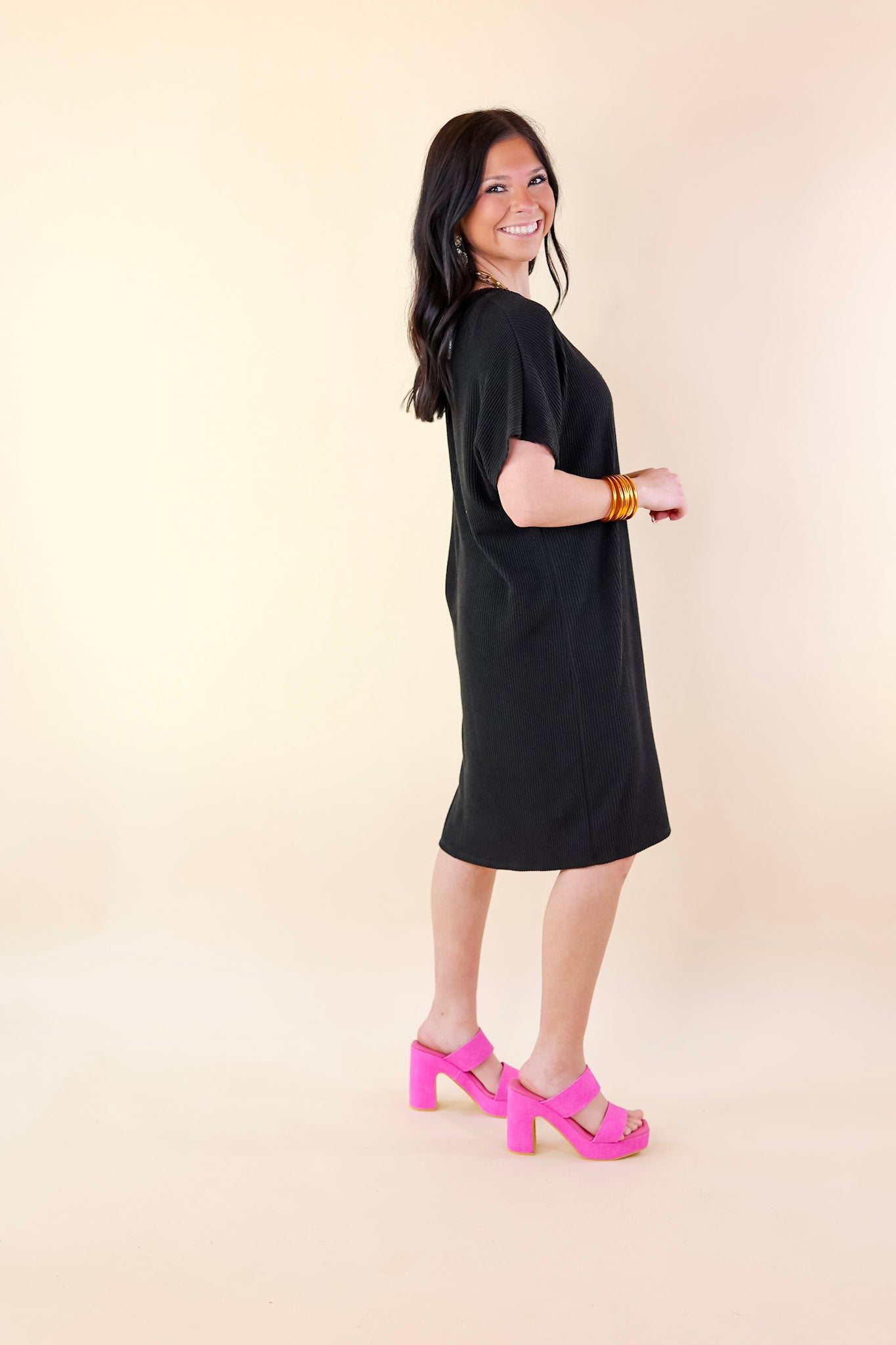 Coffee and Carefree Ribbed Short Sleeve Dress with Front Pocket in Black - Giddy Up Glamour Boutique