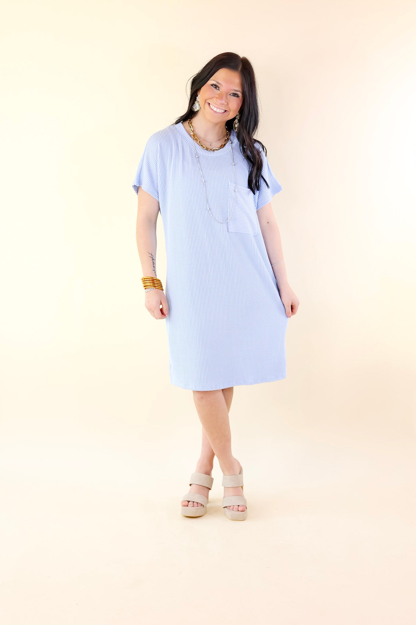 Coffee and Carefree Ribbed Short Sleeve Dress with Front Pocket in Sky Blue - Giddy Up Glamour Boutique