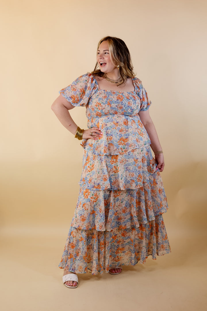 Fun Feeling Floral Tiered Maxi Dress with Smocked Balloon Sleeves in Orange Mix - Giddy Up Glamour Boutique