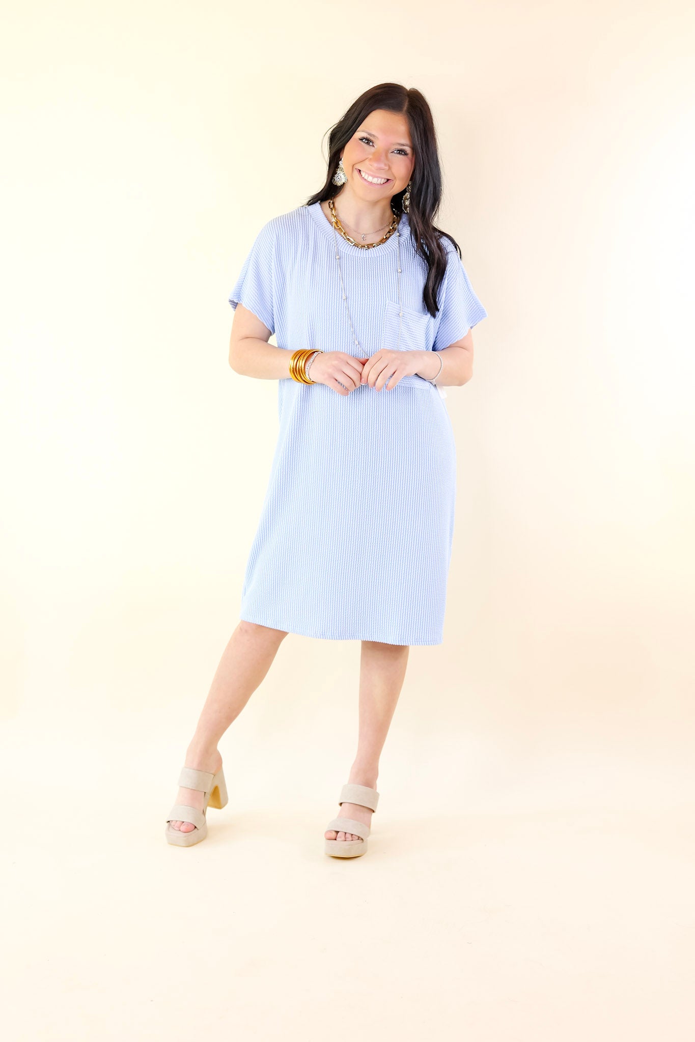 Coffee and Carefree Ribbed Short Sleeve Dress with Front Pocket in Sky Blue - Giddy Up Glamour Boutique