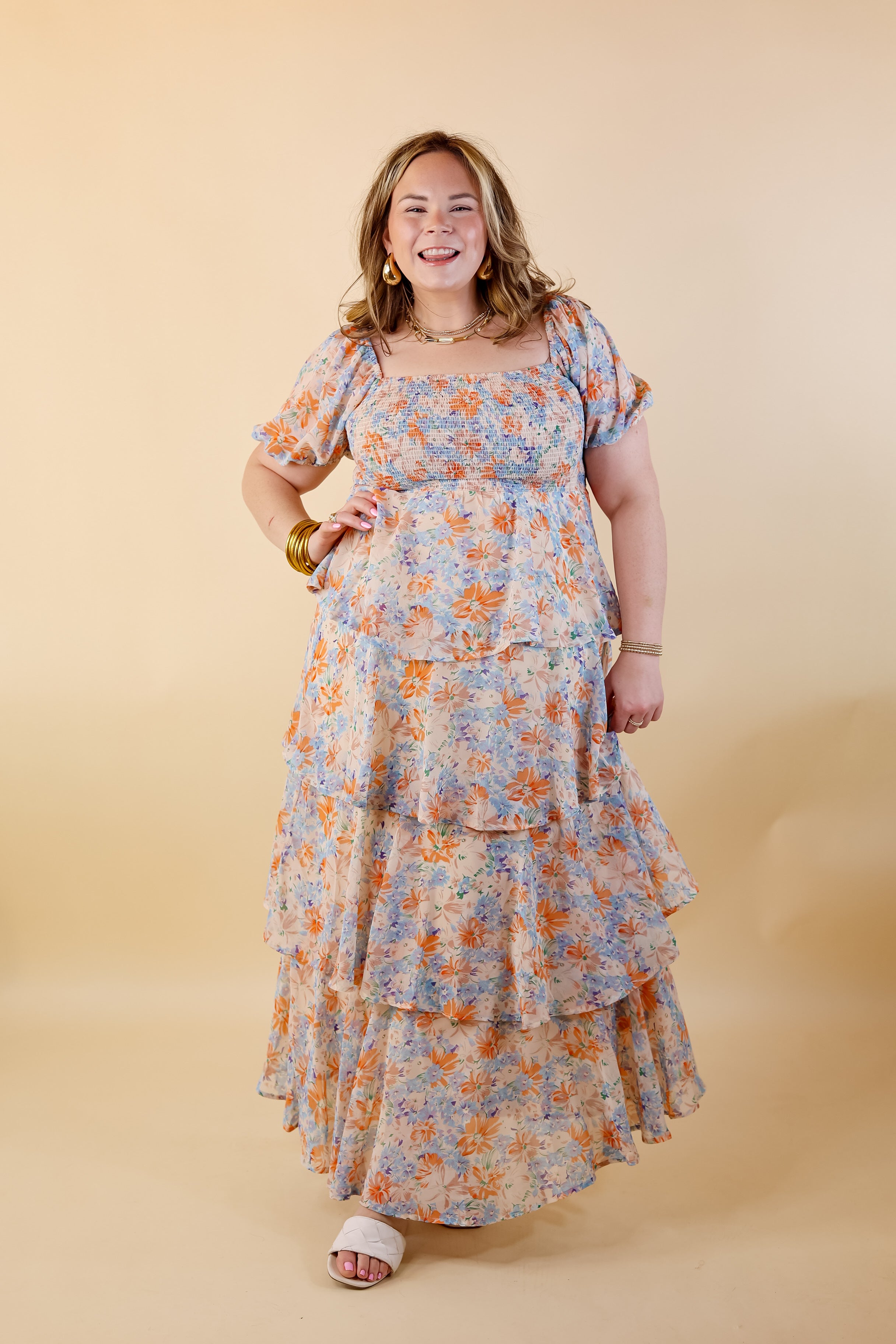 Fun Feeling Floral Tiered Maxi Dress with Smocked Balloon Sleeves in Orange Mix - Giddy Up Glamour Boutique
