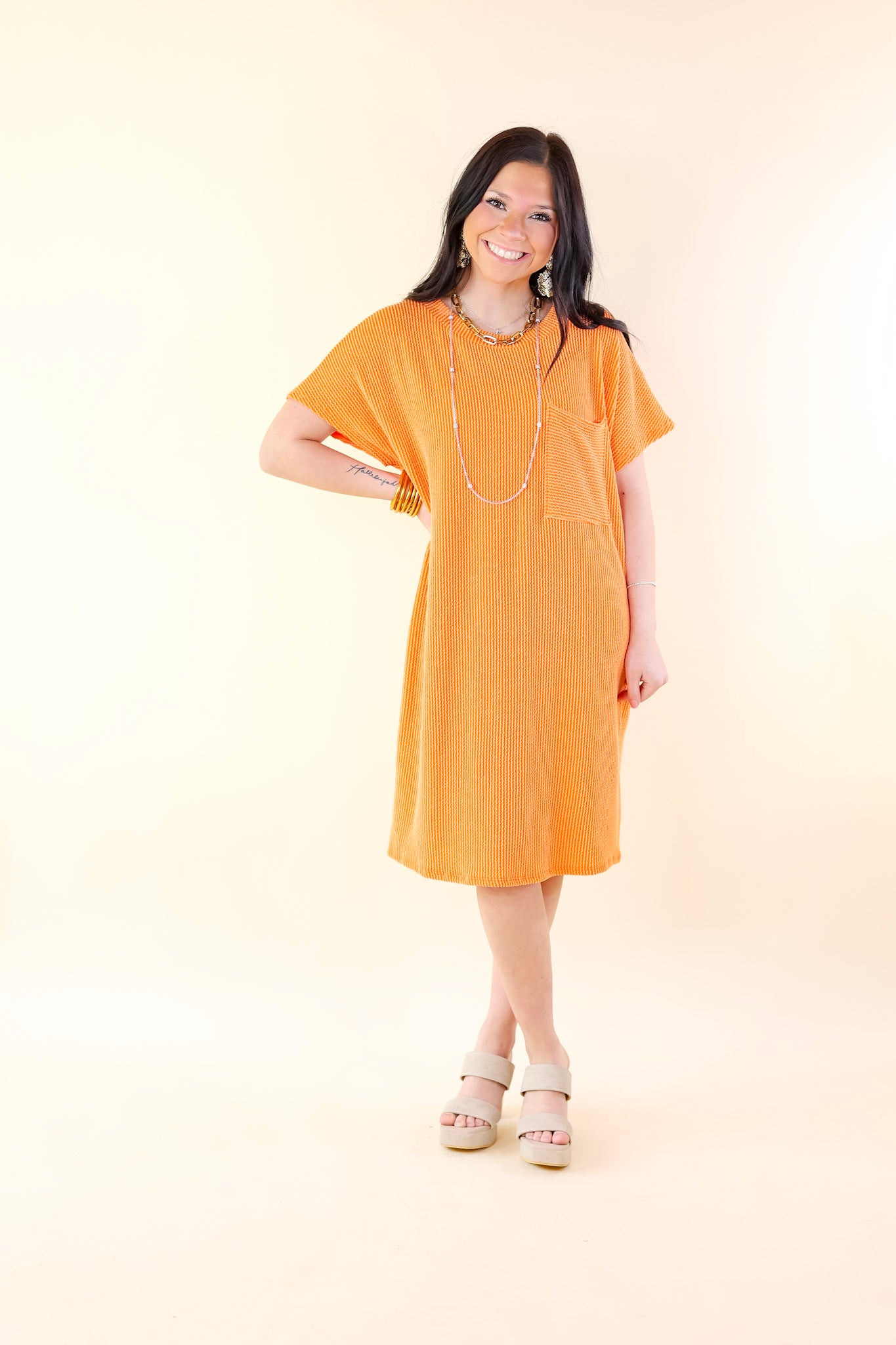 Coffee and Carefree Ribbed Short Sleeve Dress with Front Pocket in Orange - Giddy Up Glamour Boutique