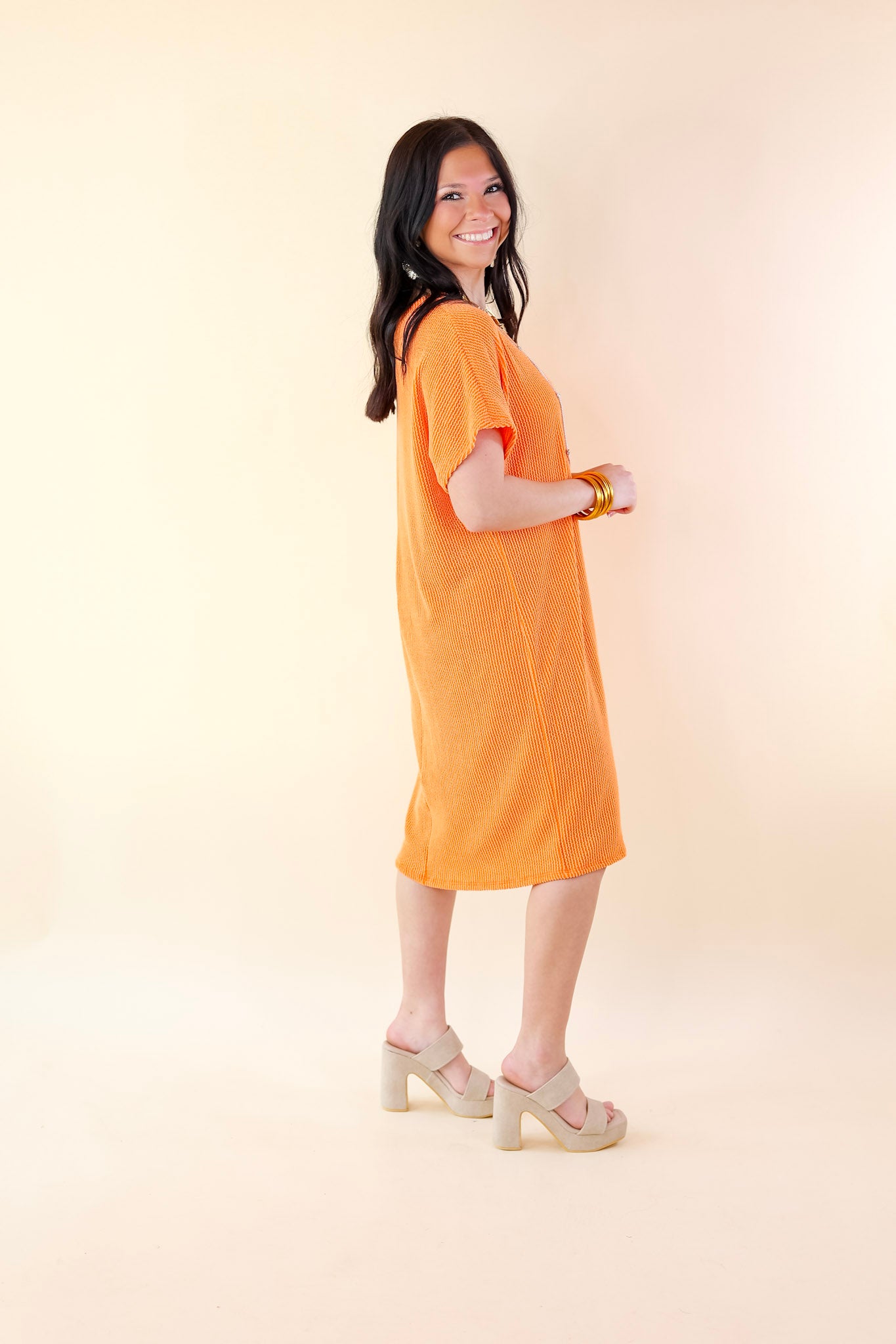 Coffee and Carefree Ribbed Short Sleeve Dress with Front Pocket in Orange - Giddy Up Glamour Boutique