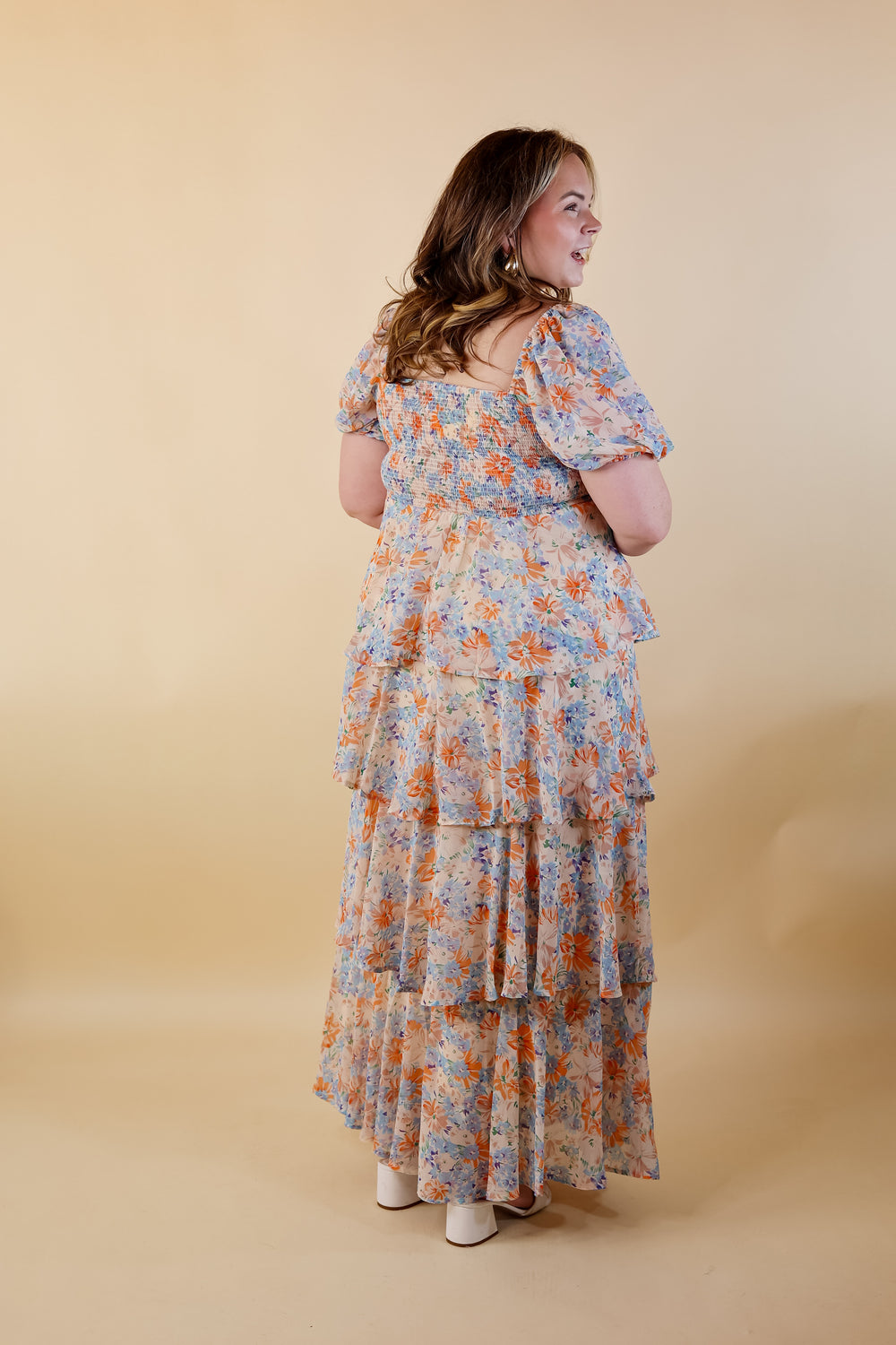Fun Feeling Floral Tiered Maxi Dress with Smocked Balloon Sleeves in Orange Mix - Giddy Up Glamour Boutique