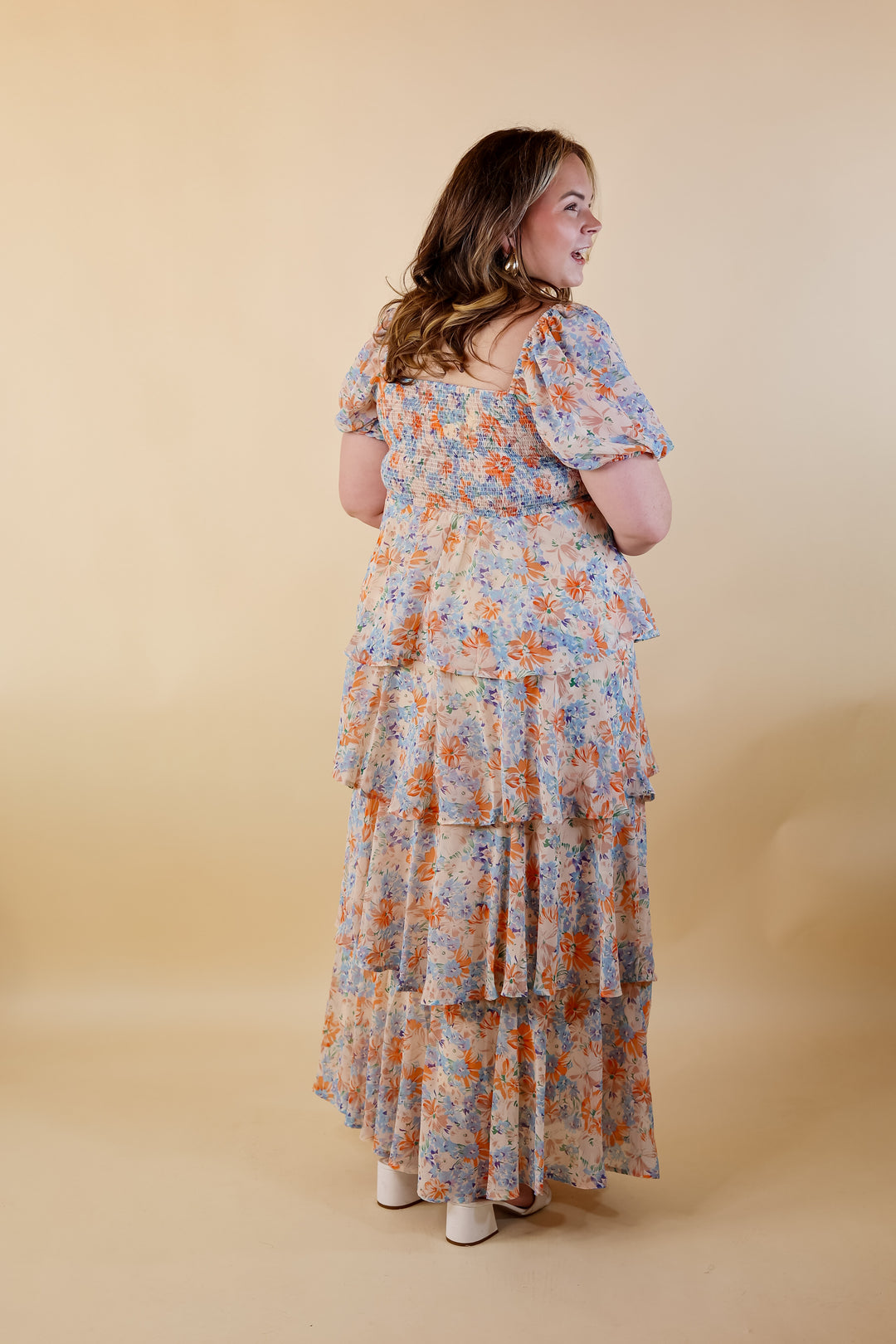 Fun Feeling Floral Tiered Maxi Dress with Smocked Balloon Sleeves in Orange Mix - Giddy Up Glamour Boutique