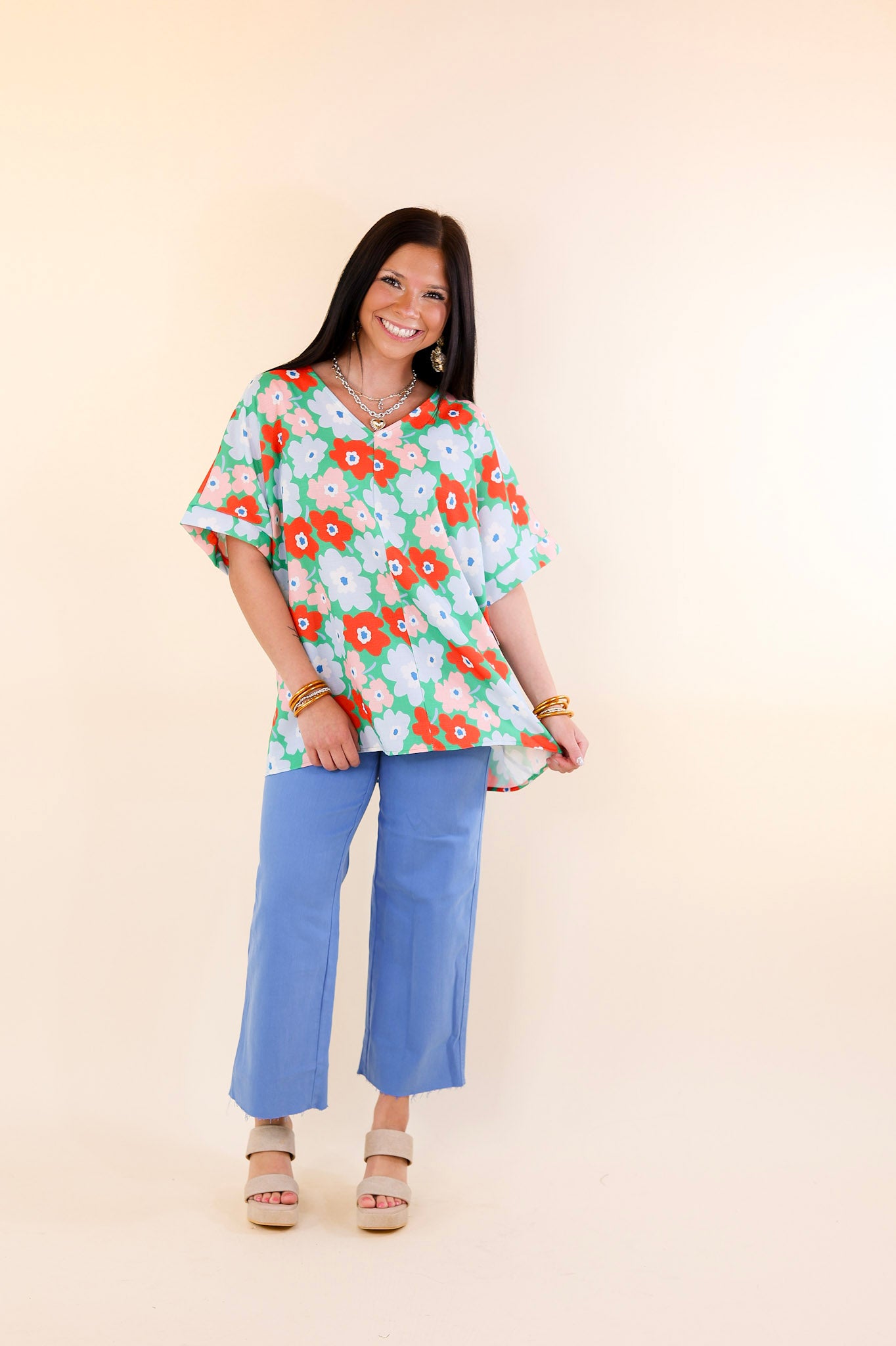 Sunny Refresh Floral V Neck Top in Green Mix