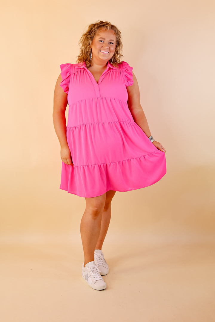 All Of A Sudden Ruffle Cap Sleeve Short Dress in Hot Pink - Giddy Up Glamour Boutique