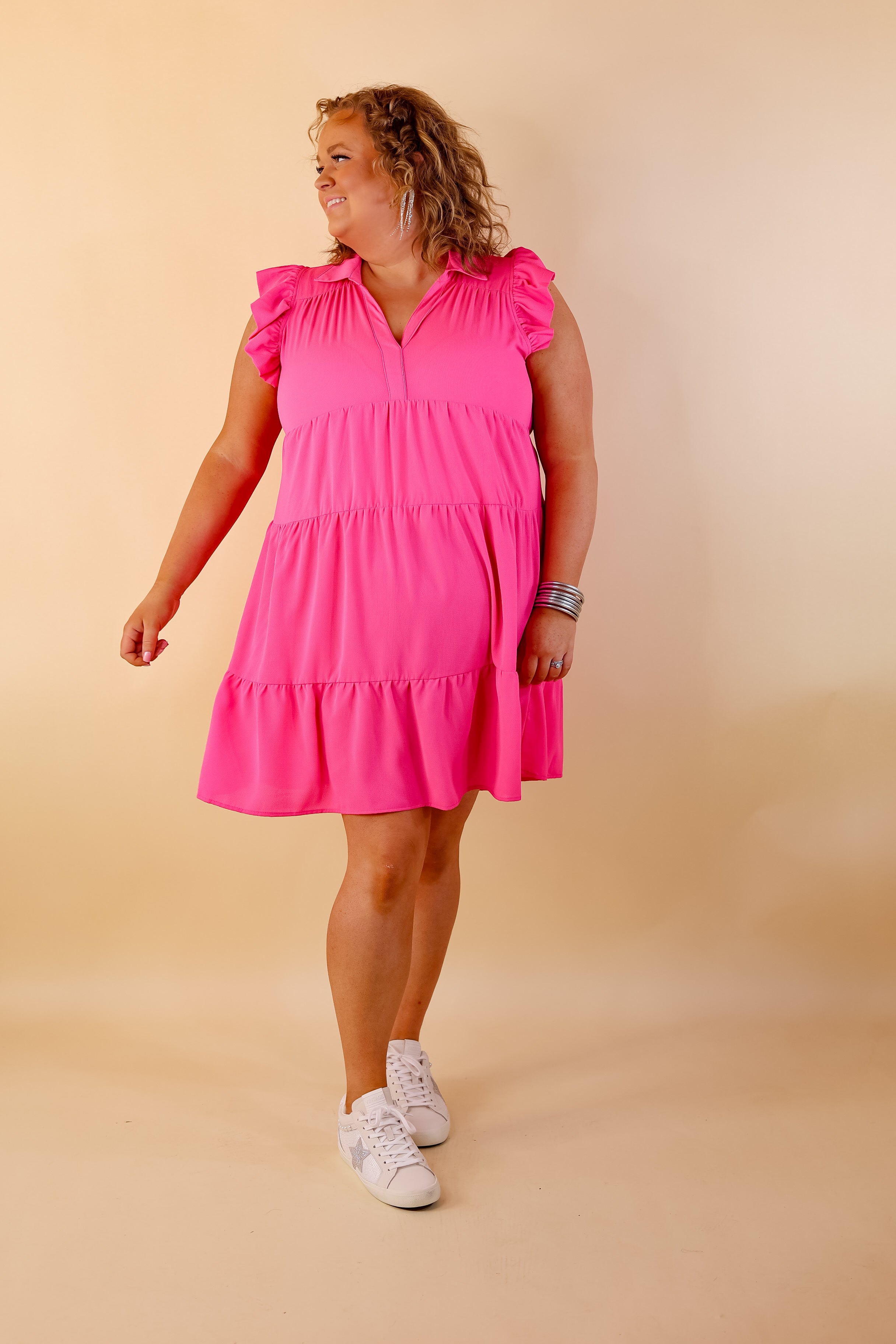 All Of A Sudden Ruffle Cap Sleeve Short Dress in Hot Pink - Giddy Up Glamour Boutique