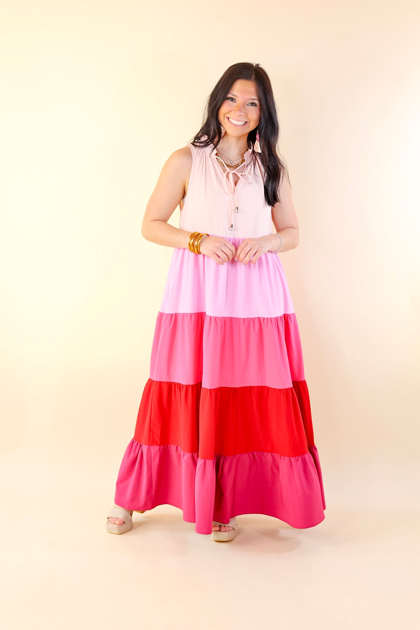 Calm Waters High Neck Tiered Maxi Dress in Pink Mix - Giddy Up Glamour Boutique