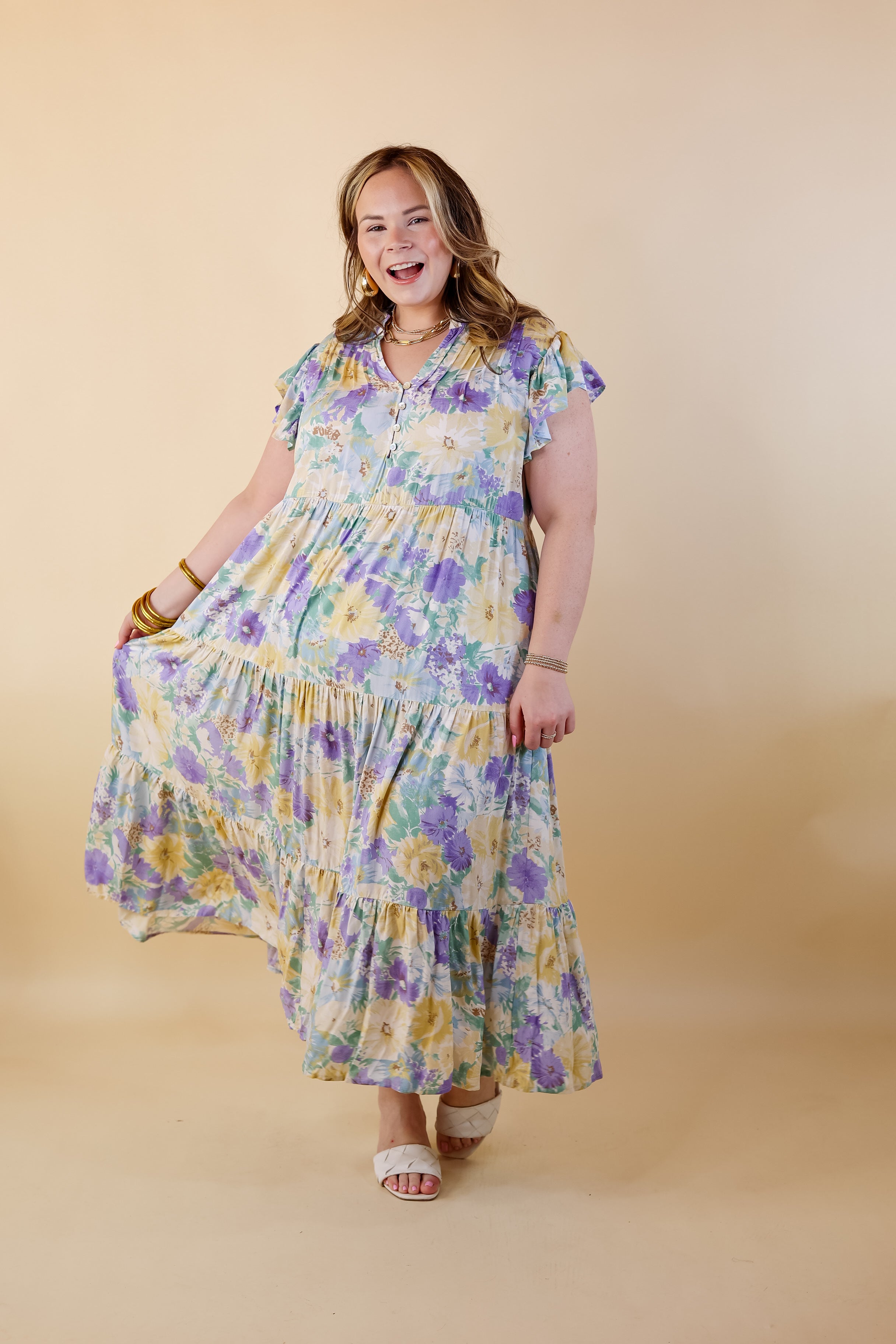 Strolling Down Sunset Floral Tiered Midi Dress in Purple and Green Mix - Giddy Up Glamour Boutique