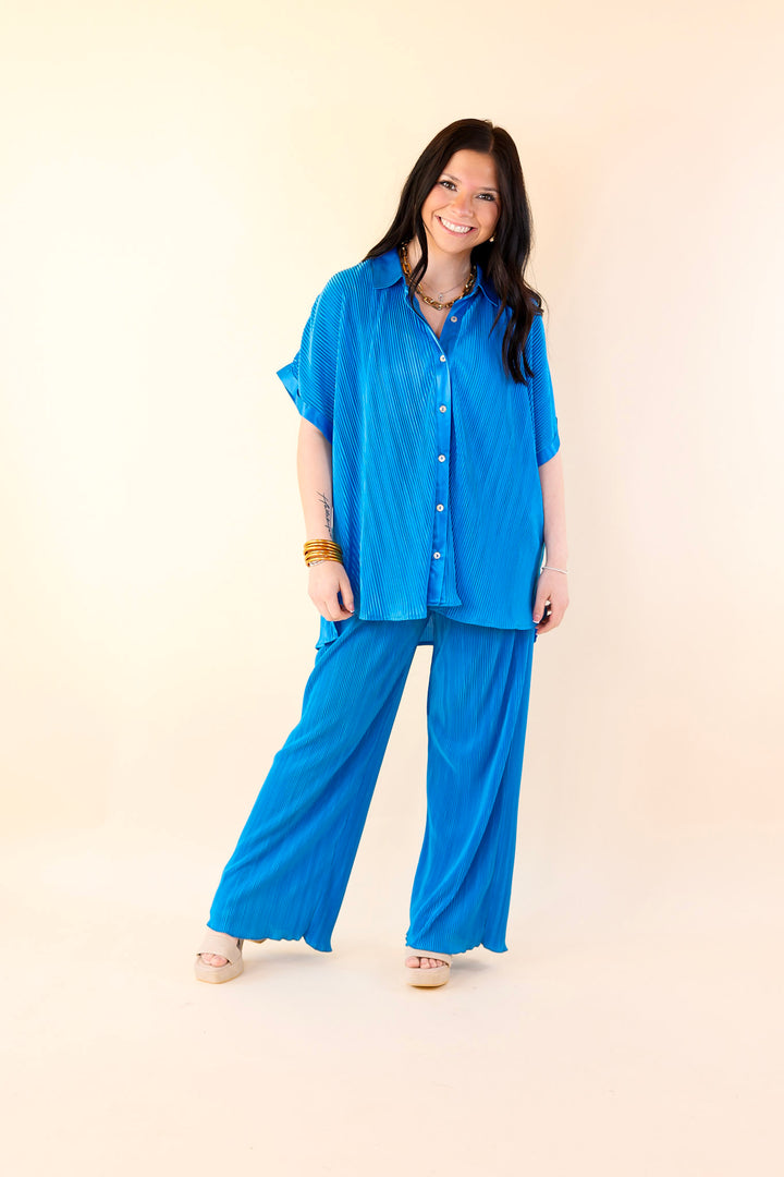 Walking In Paradise Plissé Button Up Top in Blue - Giddy Up Glamour Boutique