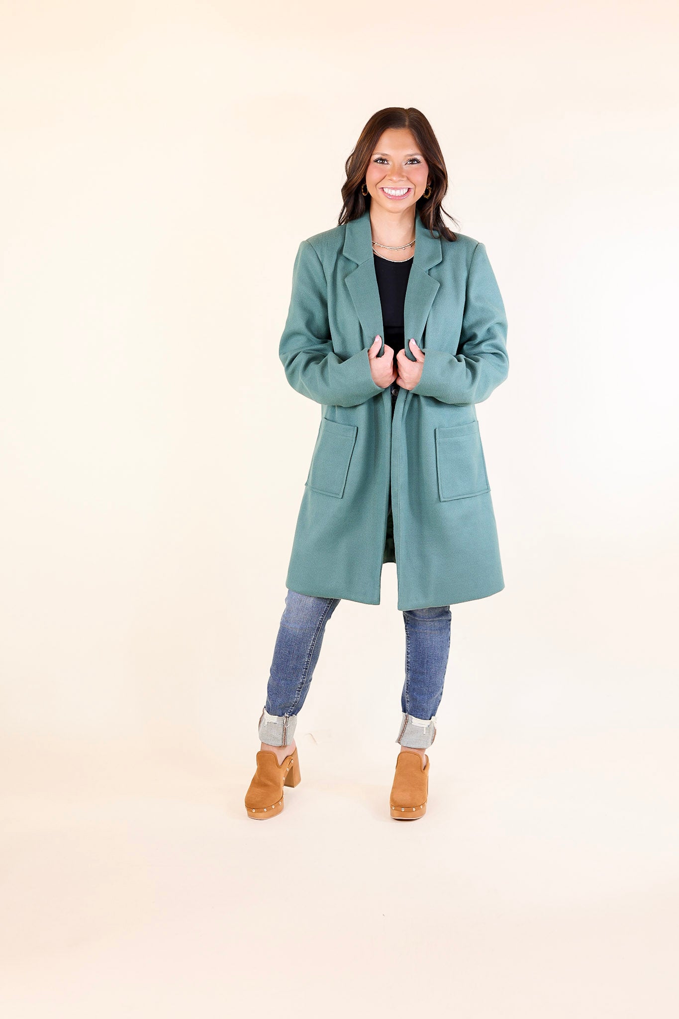 European Holiday Open Front Coat in Teal