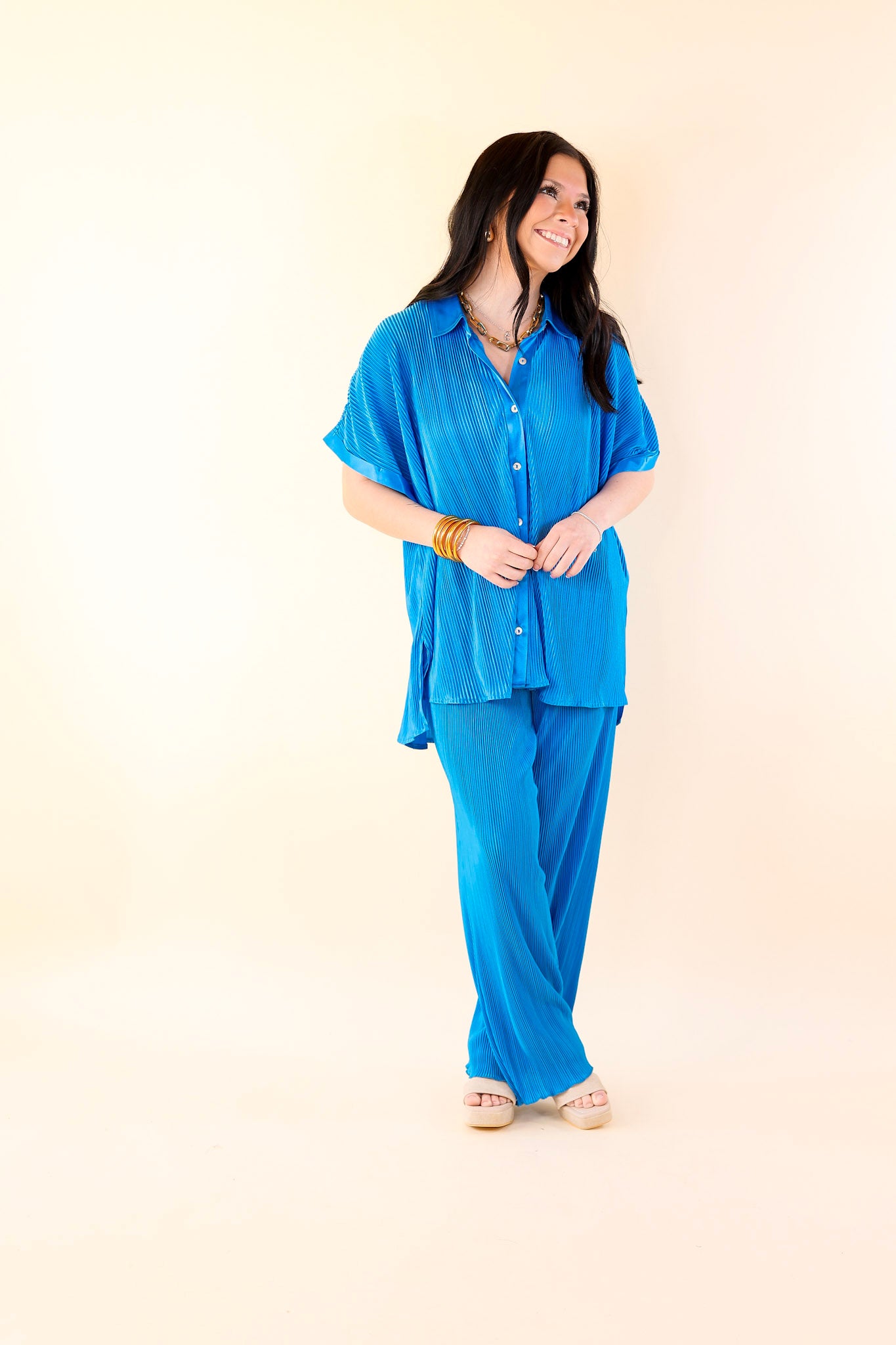 Walking In Paradise Plissé Button Up Top in Blue - Giddy Up Glamour Boutique