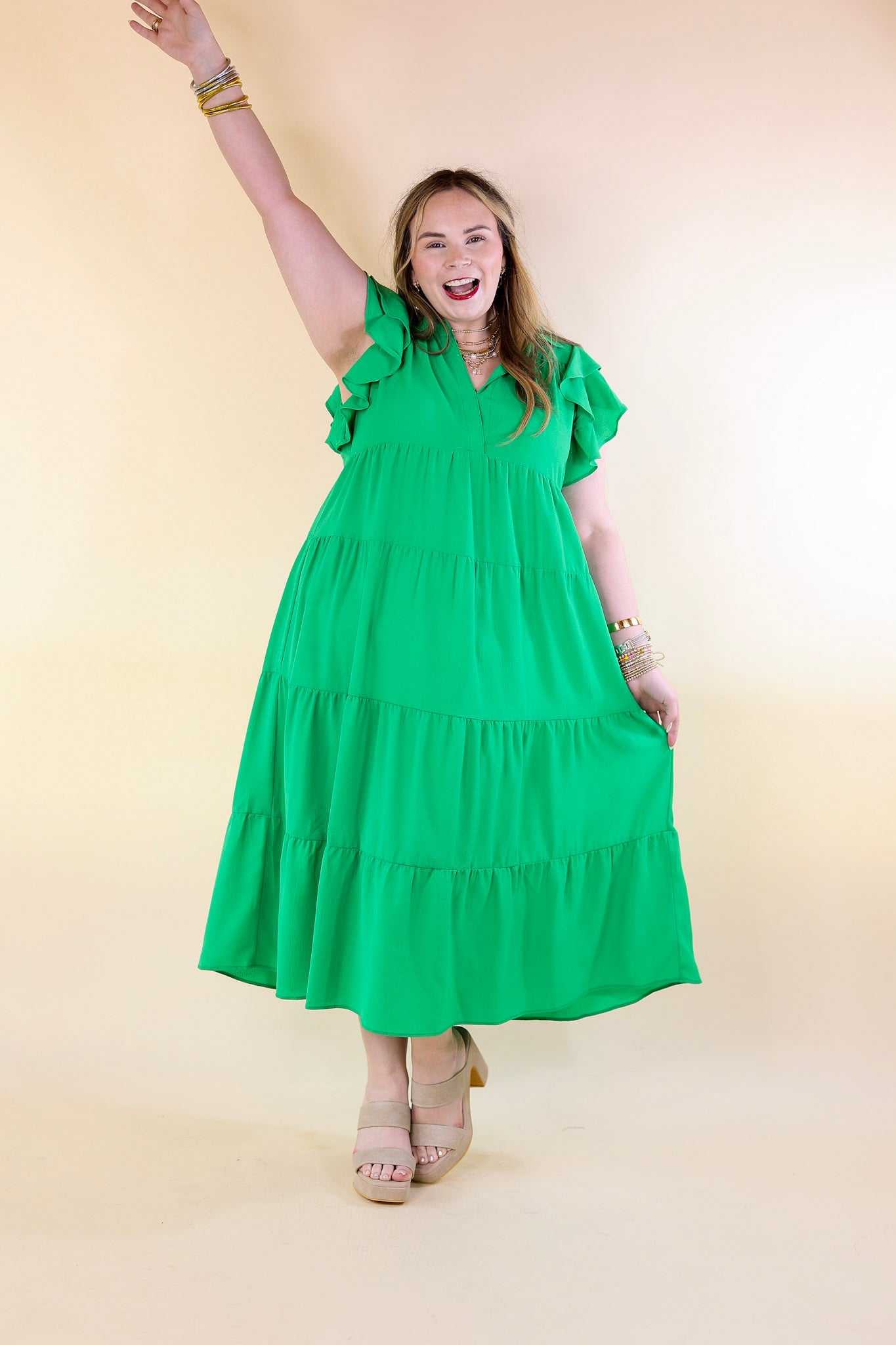 All Of A Sudden Tiered Midi Dress with Ruffle Cap Sleeves in Green