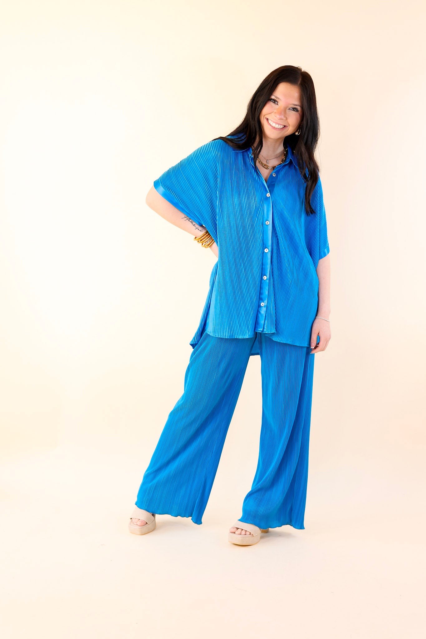 Walking In Paradise Plissé Button Up Top in Blue - Giddy Up Glamour Boutique