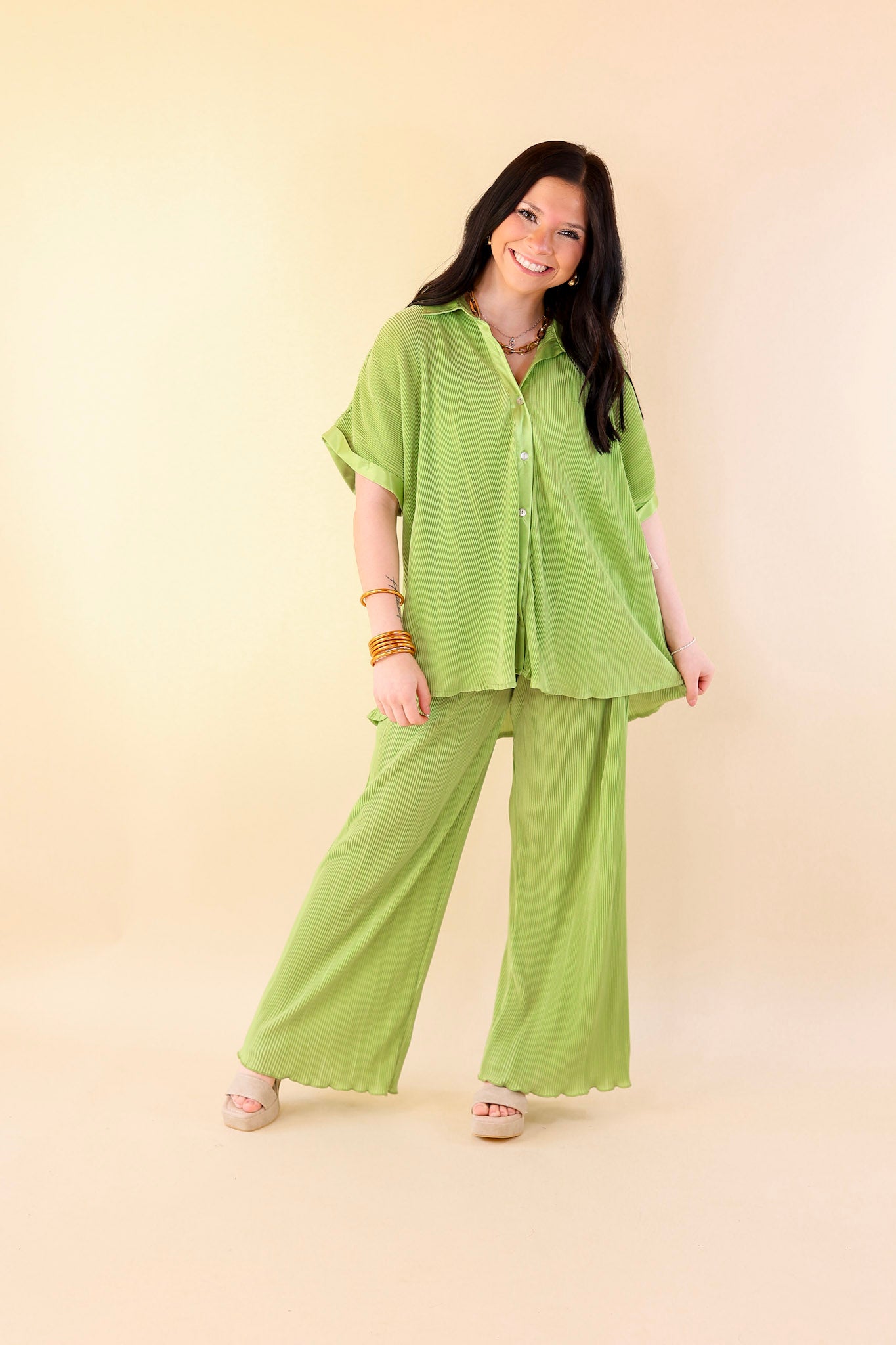 Walking In Paradise Plissé Button Up Top in Green - Giddy Up Glamour Boutique