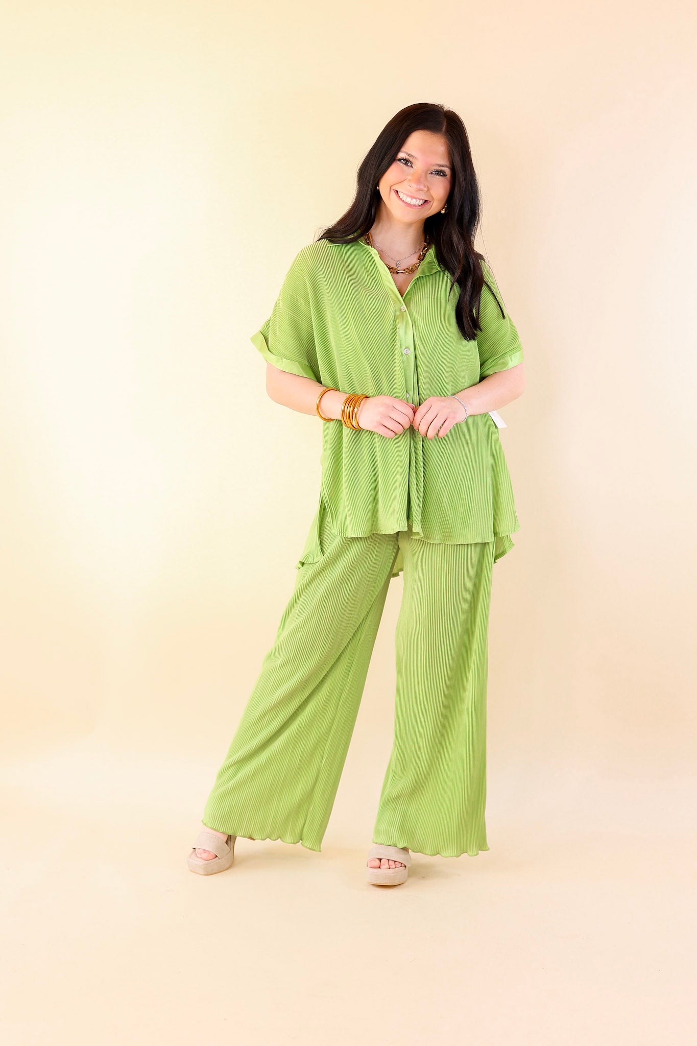 Walking In Paradise Plissé Drawstring Pants in Lime Green - Giddy Up Glamour Boutique