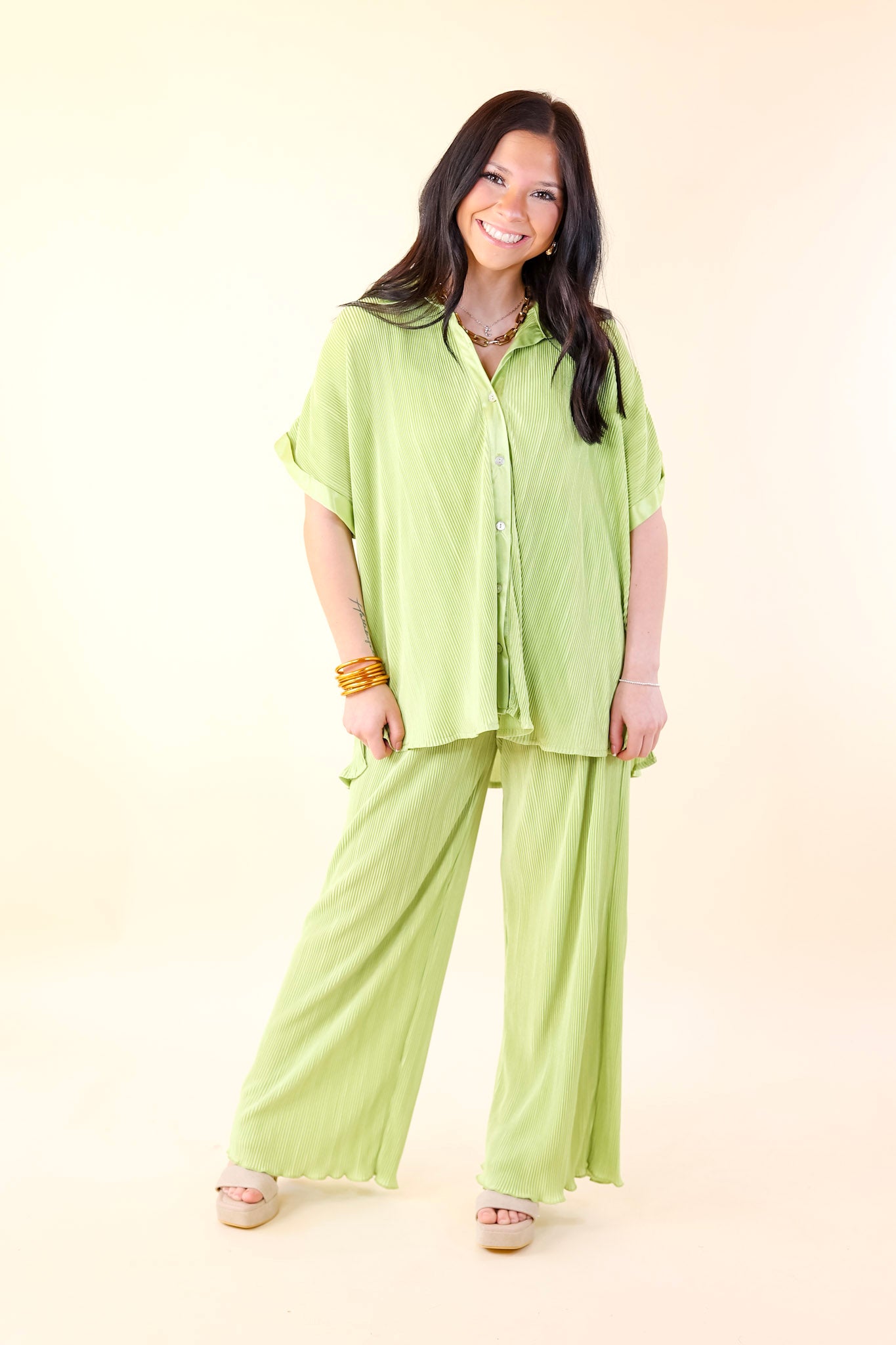 Walking In Paradise Plissé Drawstring Pants in Lime Green - Giddy Up Glamour Boutique