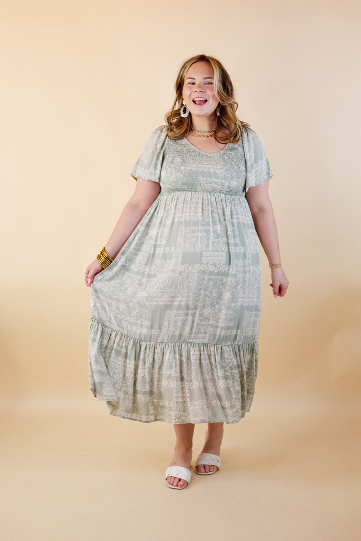 Adore The Shore Block Print Midi Dress with Smocked Bodice in Sage Green - Giddy Up Glamour Boutique