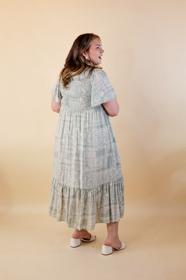Adore The Shore Block Print Midi Dress with Smocked Bodice in Sage Green - Giddy Up Glamour Boutique