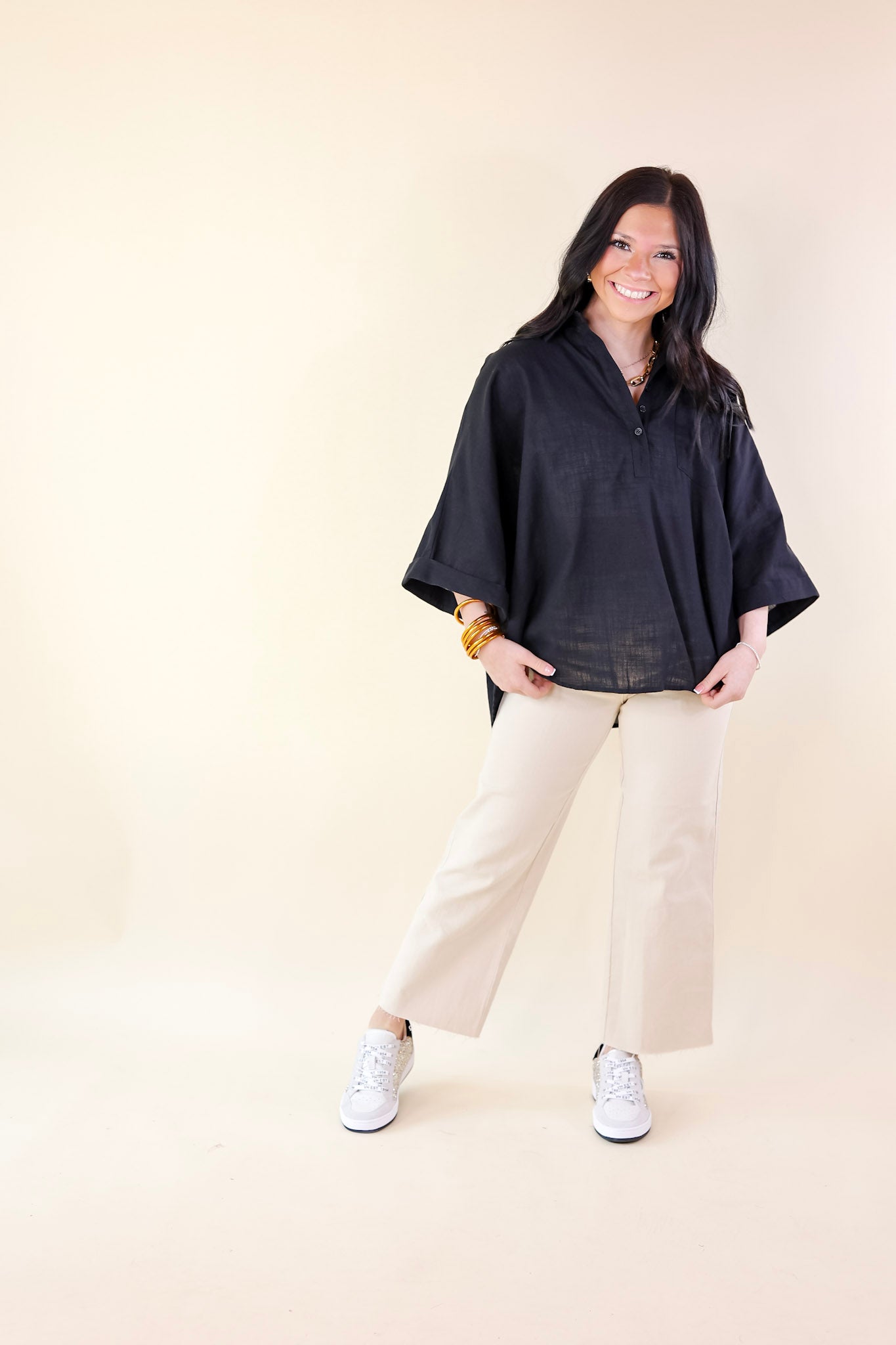 Sweet Surprise Half Button Up Poncho Top with Collared Neckline in Black - Giddy Up Glamour Boutique