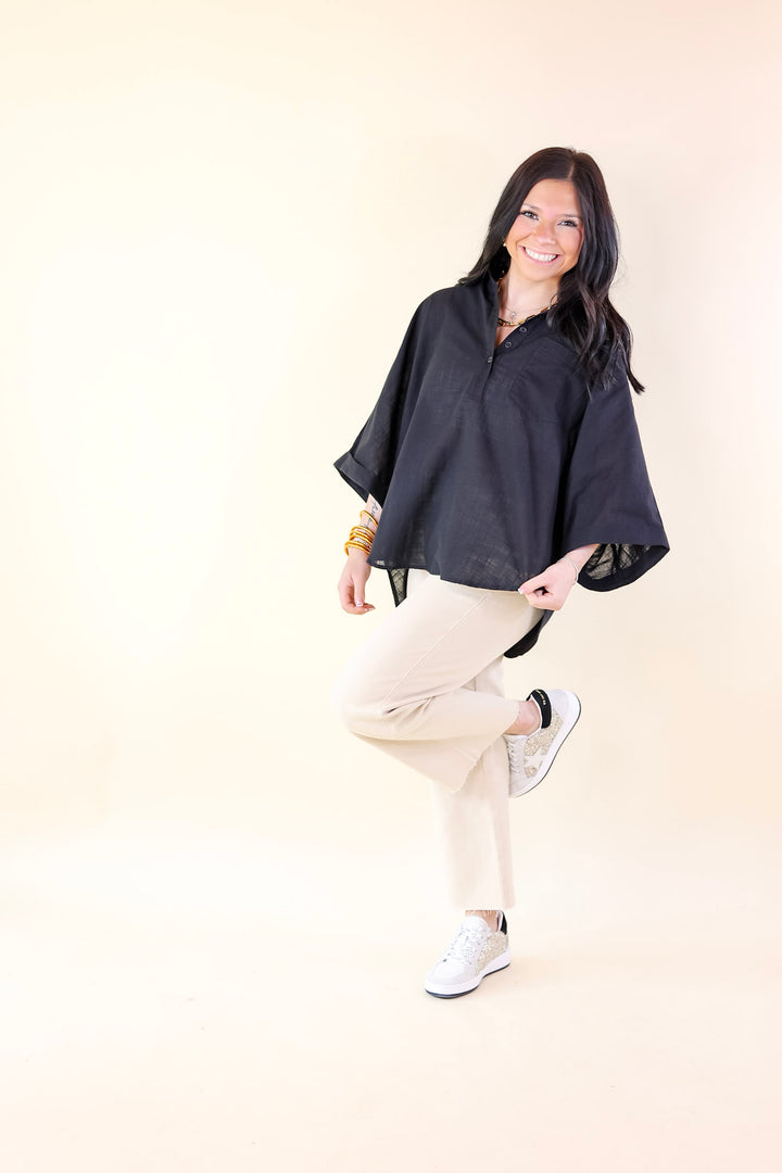 Sweet Surprise Half Button Up Poncho Top with Collared Neckline in Black - Giddy Up Glamour Boutique