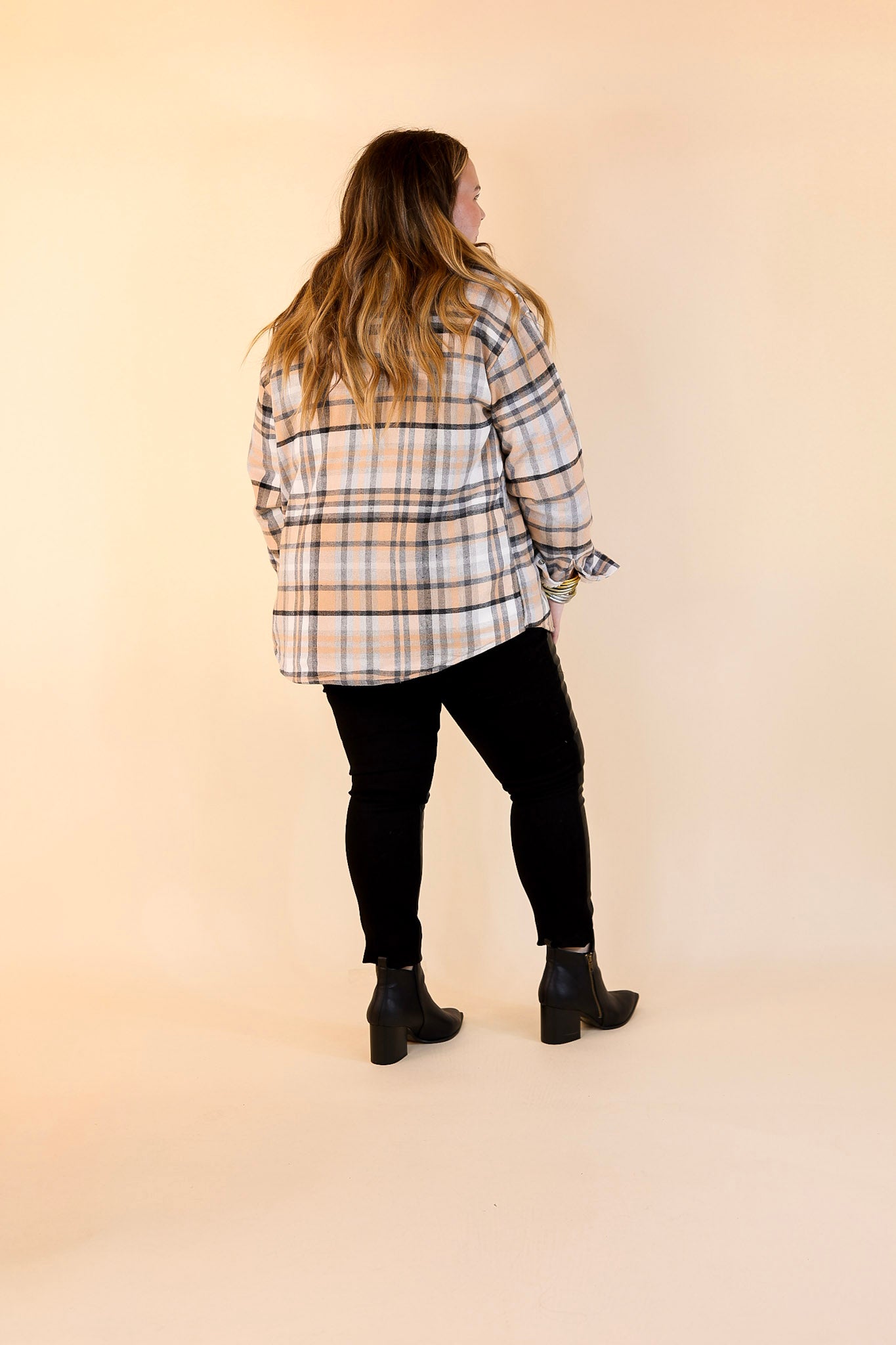 Soft and Dreamy Fur Lined Plaid Flannel Shacket in Black and Nude