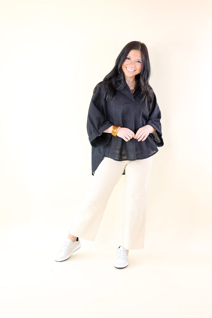 Sweet Surprise Half Button Up Poncho Top with Collared Neckline in Black - Giddy Up Glamour Boutique