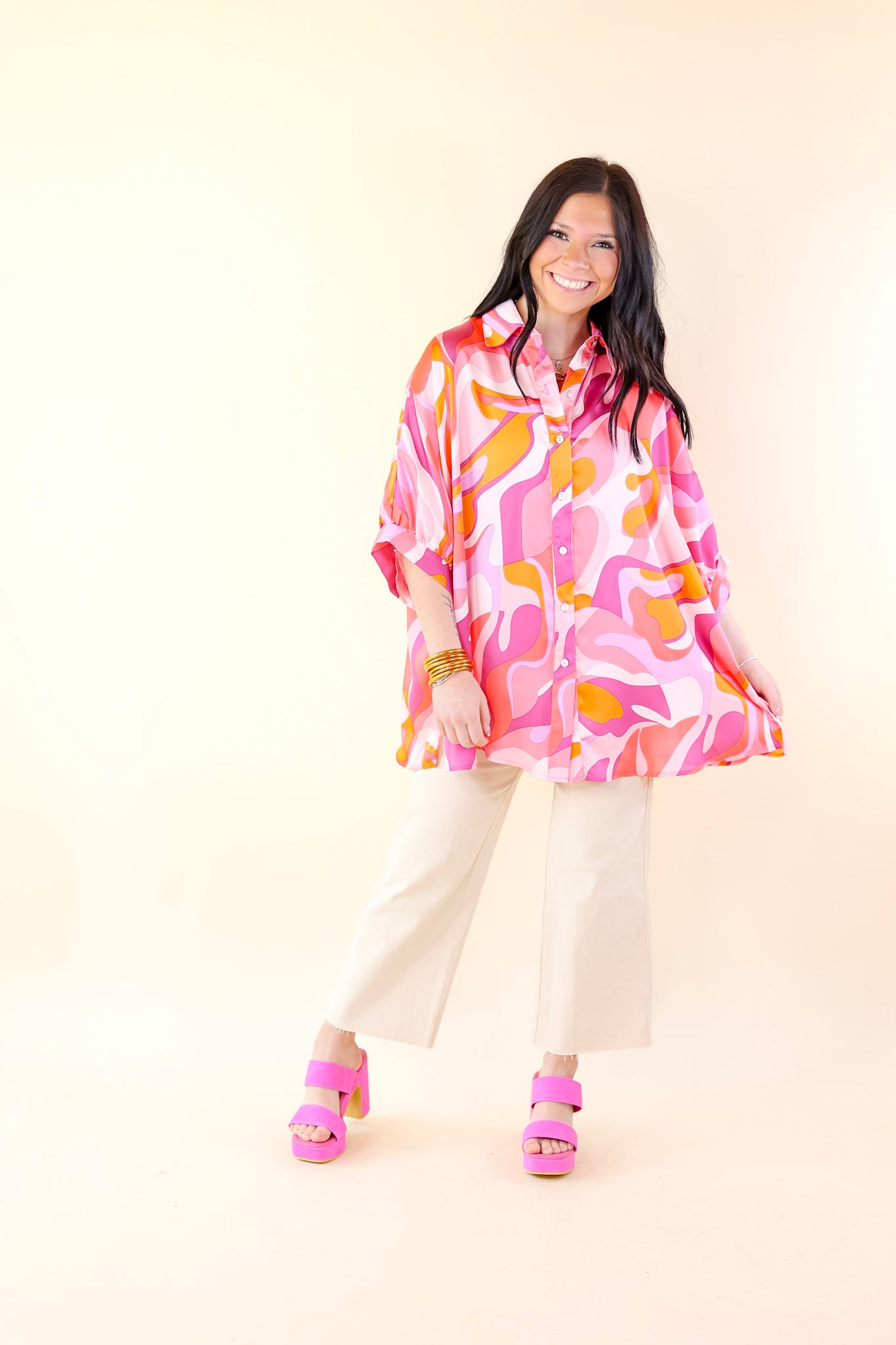 Sophisticated Sweetie Button Up Mosaic Print Poncho Top in Pink Mix - Giddy Up Glamour Boutique