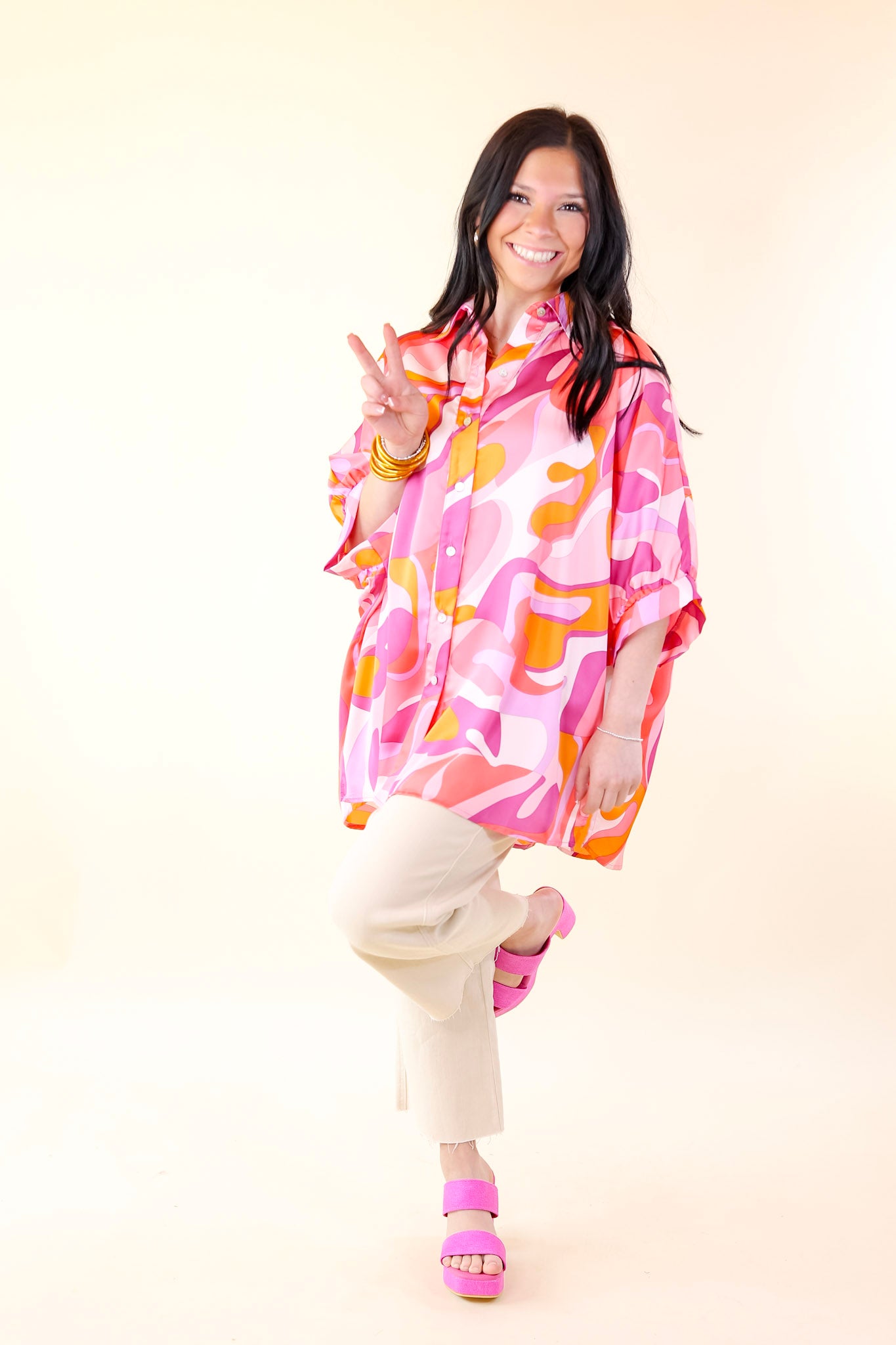 Sophisticated Sweetie Button Up Mosaic Print Poncho Top in Pink Mix