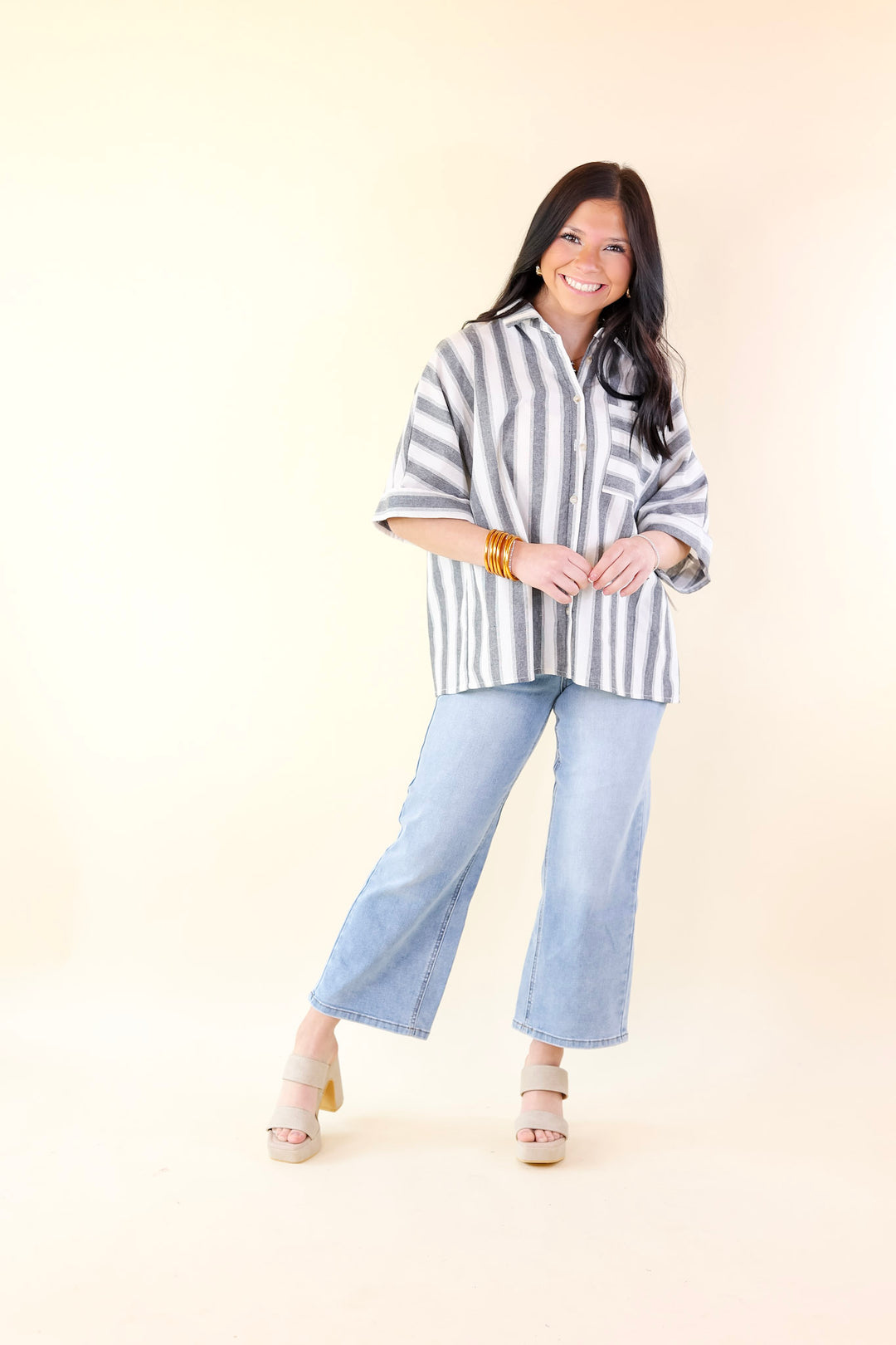 Down The Beach Button Up Striped Top in Ivory and Grey - Giddy Up Glamour Boutique