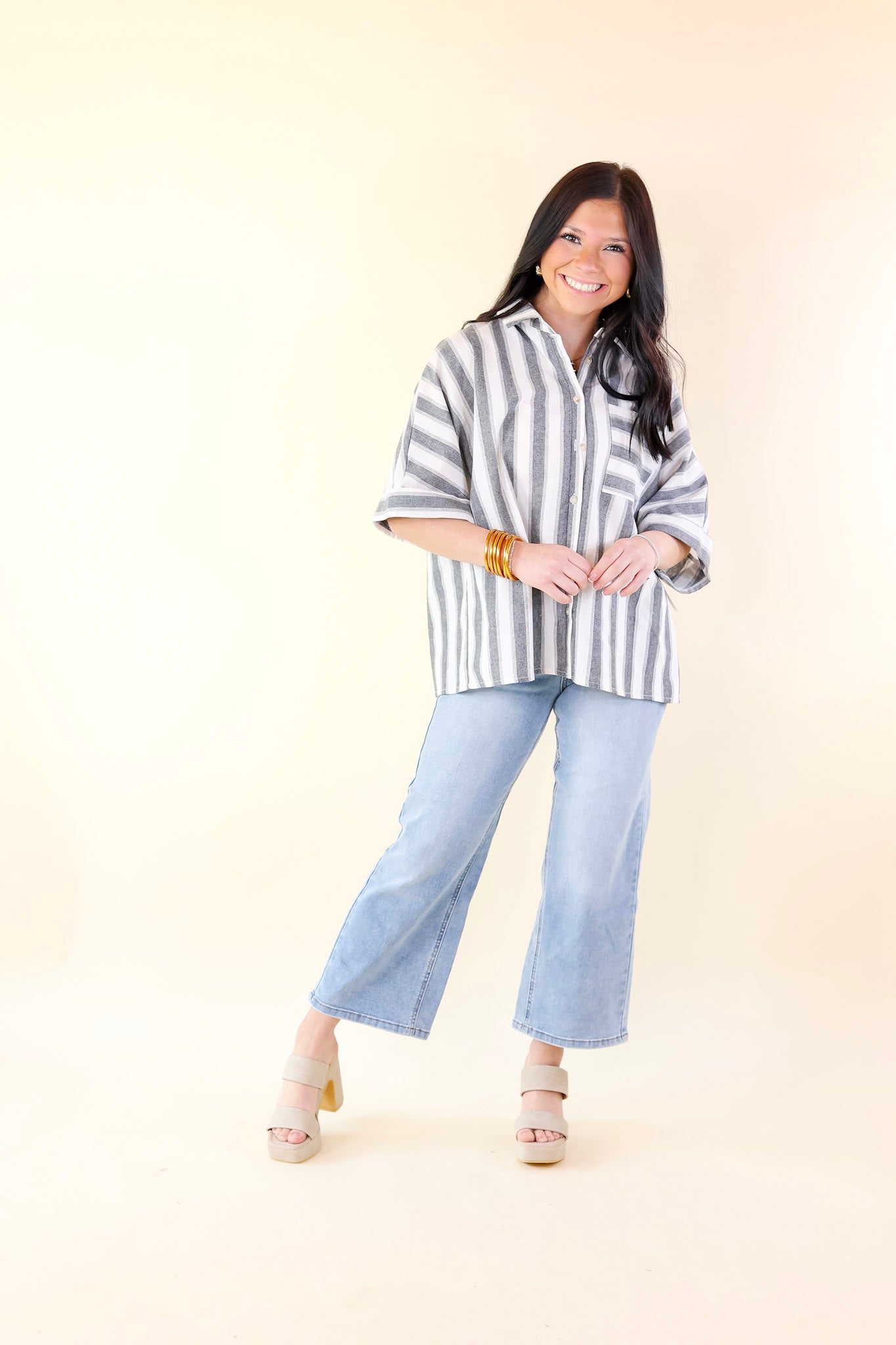 Down The Beach Button Up Striped Top in Ivory and Grey - Giddy Up Glamour Boutique