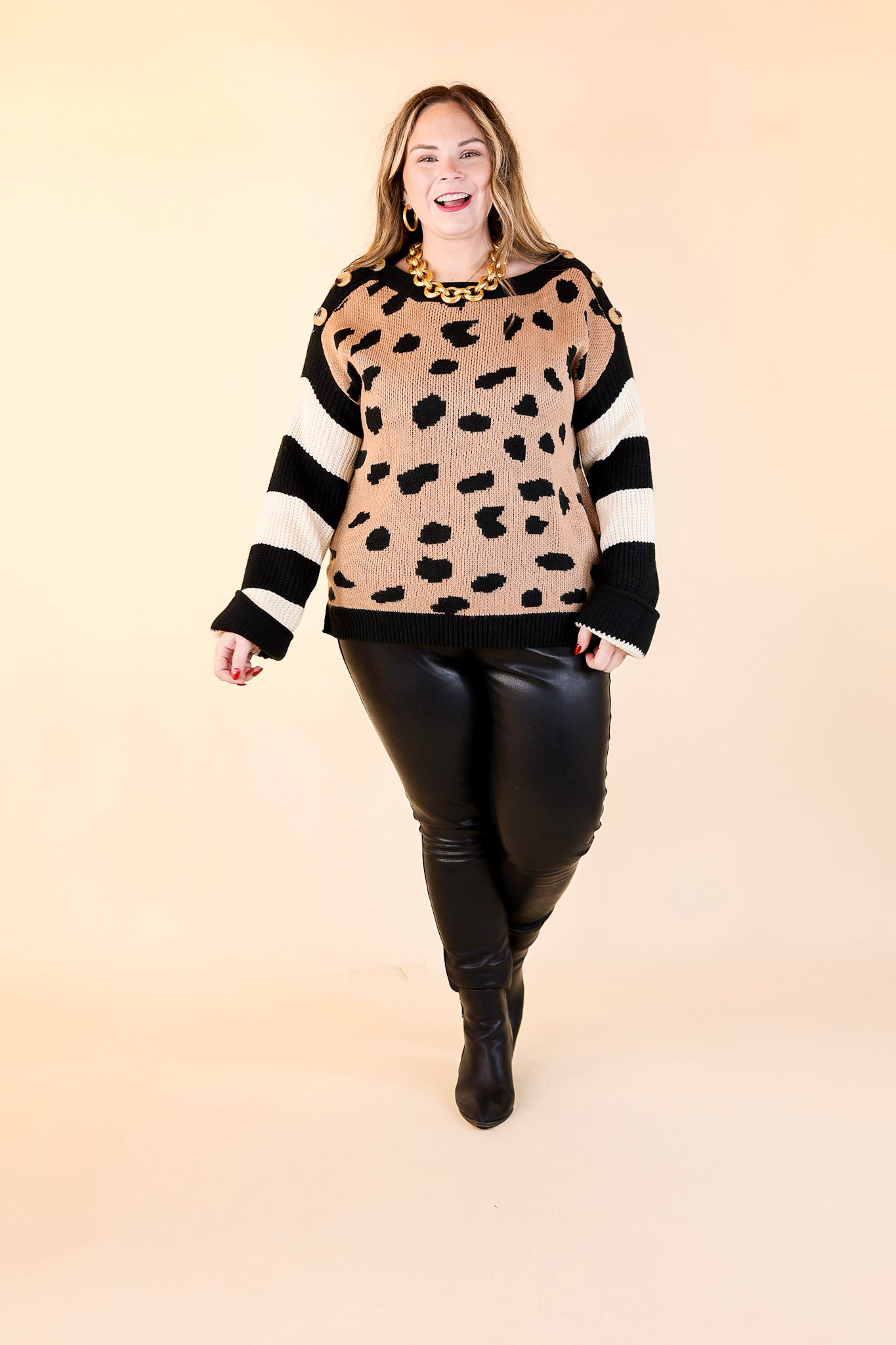 Spotted in Aspen Dotted Sweater with Striped Sleeves and Buttons in Mocha and Ivory