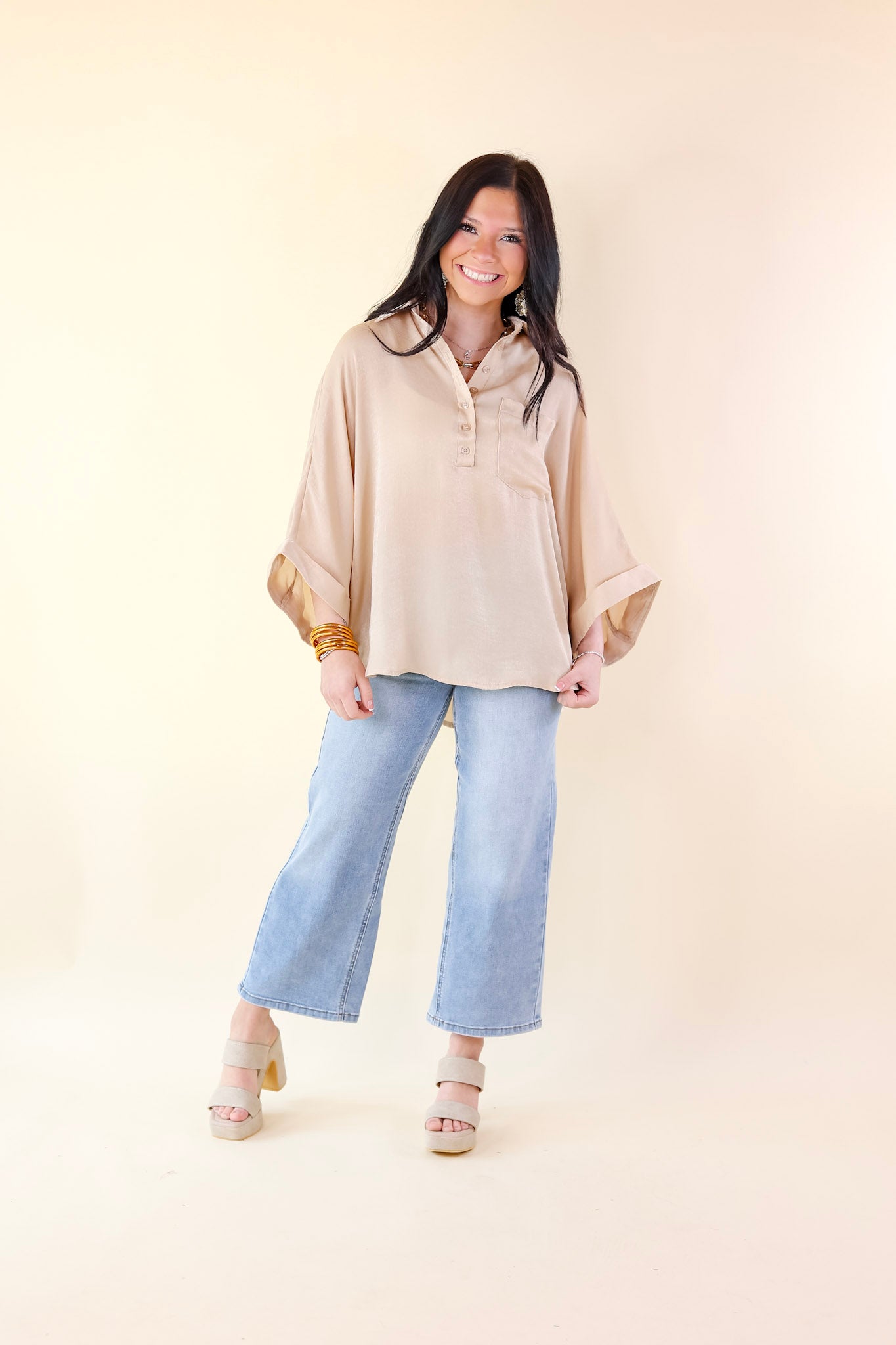 Sweet Surprise Half Button Up Poncho Top with Collared Neckline in Champagne - Giddy Up Glamour Boutique