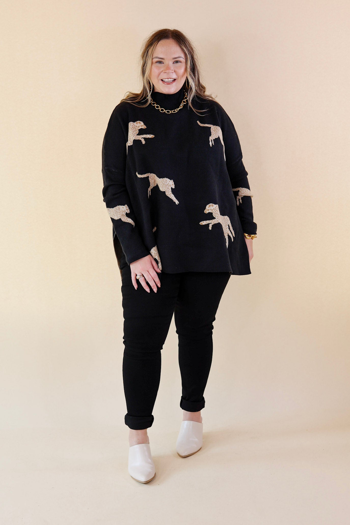Cheetah Girls Mock Neck Cheetah Print Sweater in Black - Giddy Up Glamour Boutique