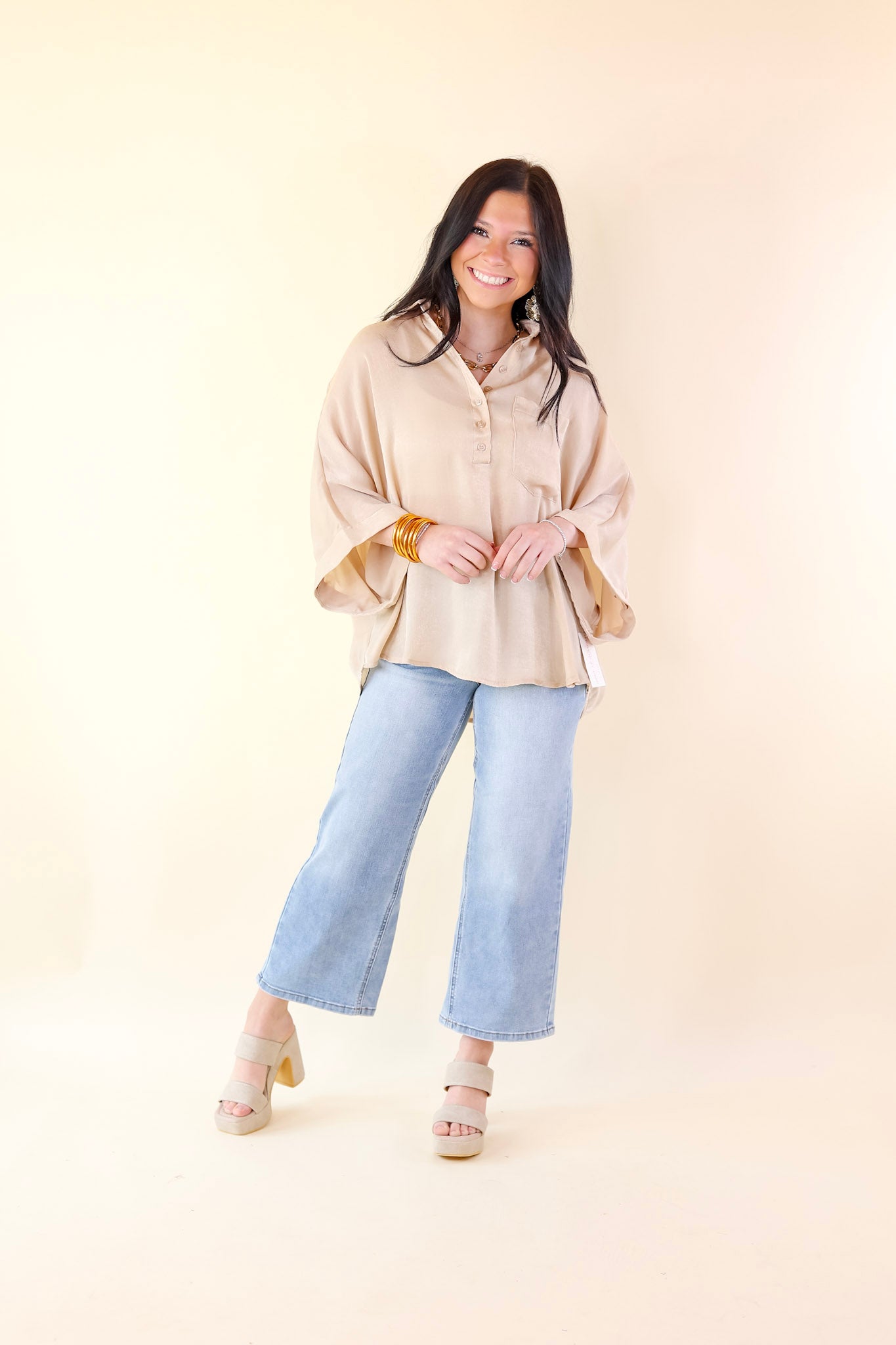 Sweet Surprise Half Button Up Poncho Top with Collared Neckline in Champagne - Giddy Up Glamour Boutique