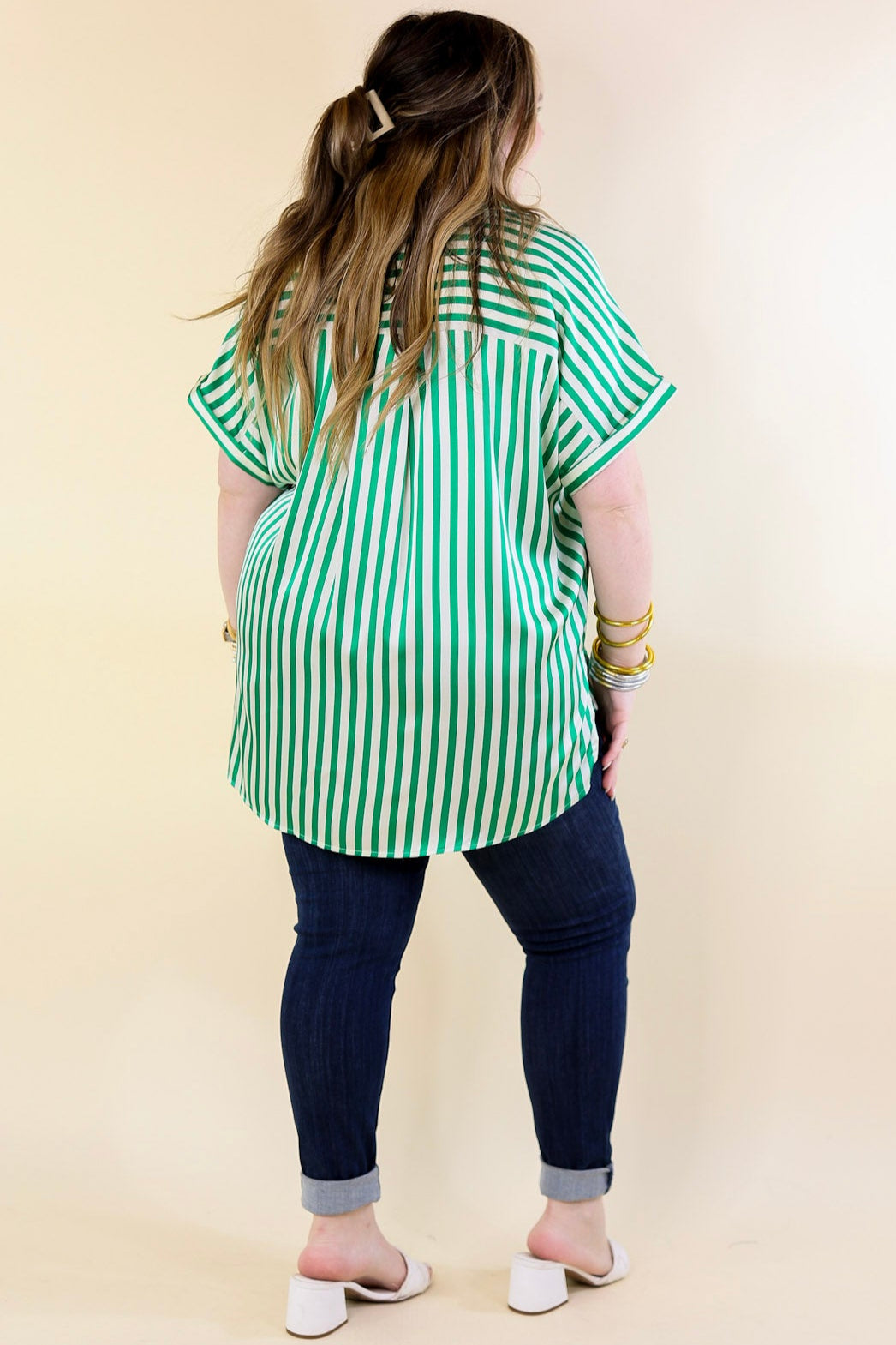 Free To Be Fab Button Up Short Sleeve Striped Top in Green