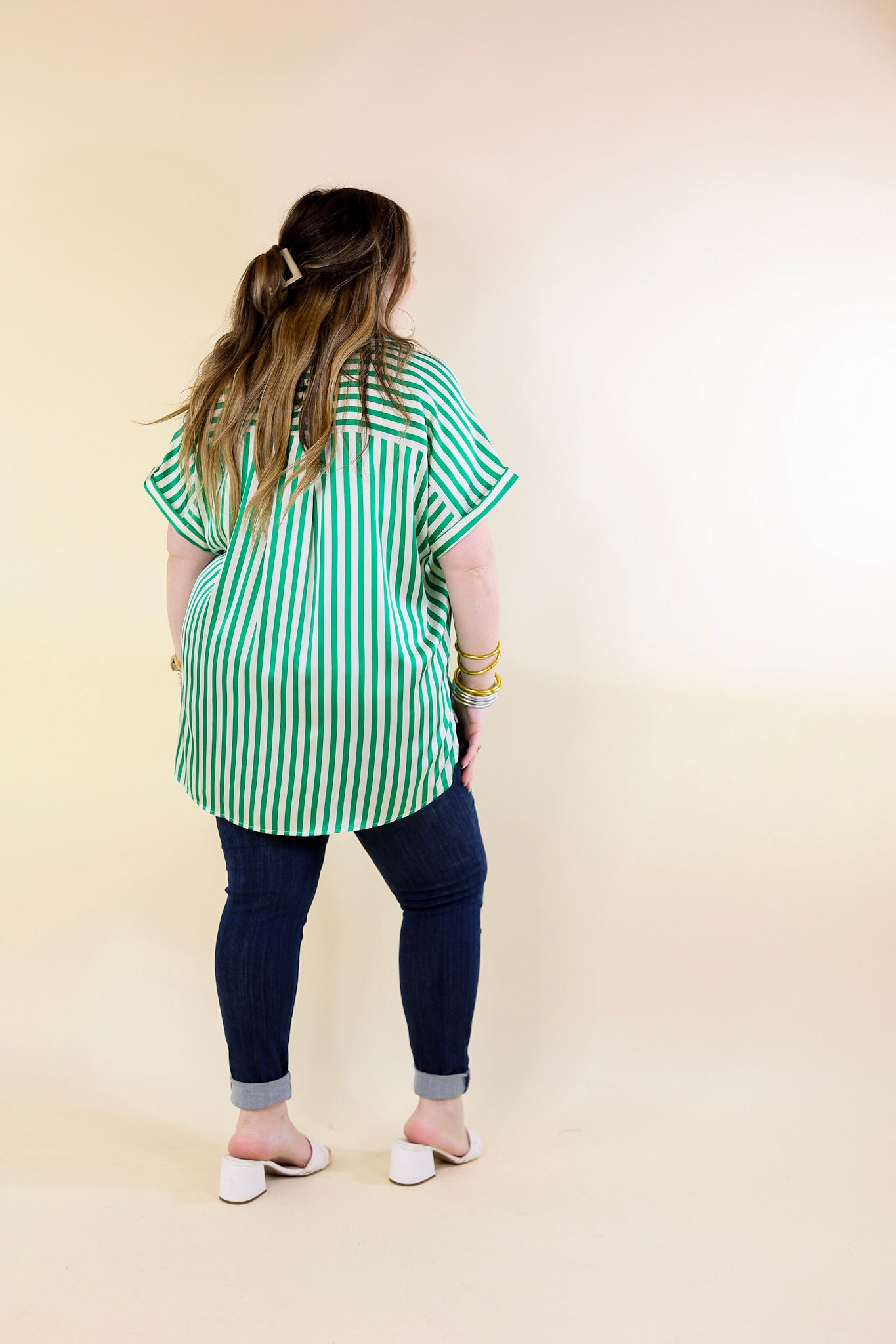 Free To Be Fab Button Up Short Sleeve Striped Top in Green