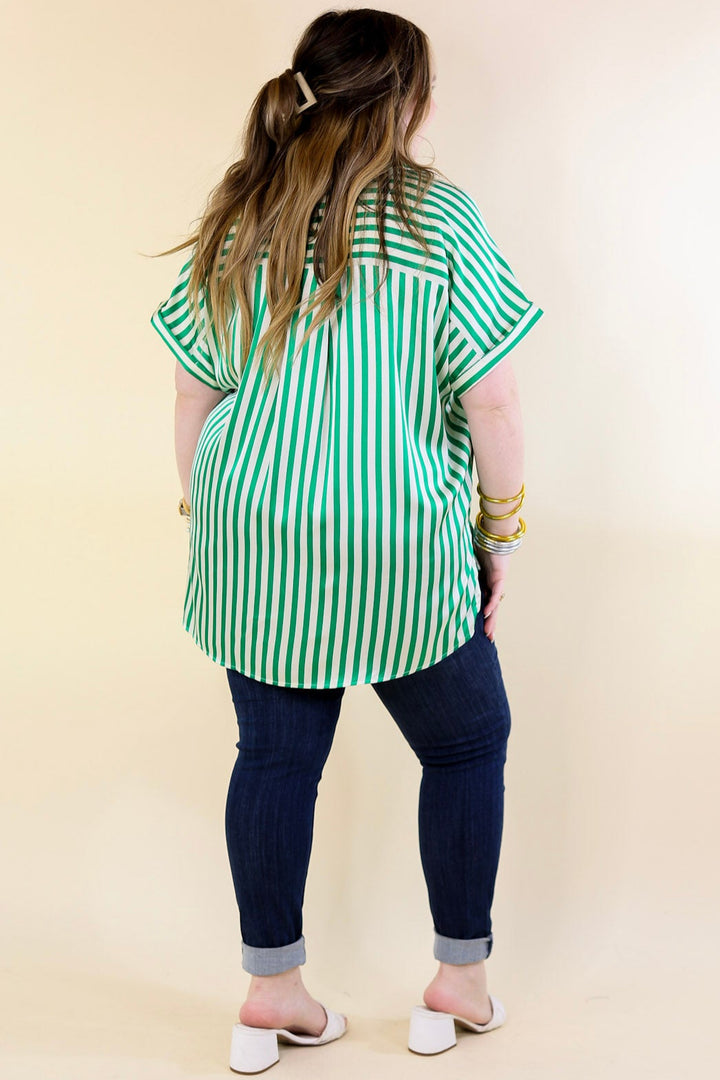 Free To Be Fab Button Up Short Sleeve Striped Top in Green