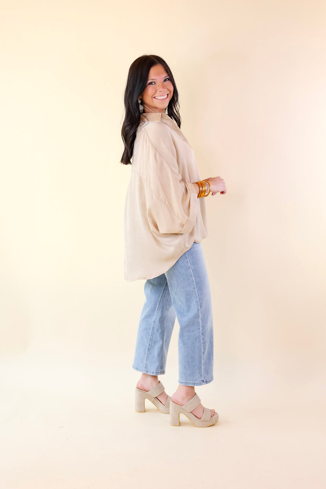 Sweet Surprise Half Button Up Poncho Top with Collared Neckline in Champagne - Giddy Up Glamour Boutique