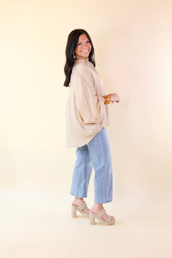 Sweet Surprise Half Button Up Poncho Top with Collared Neckline in Champagne - Giddy Up Glamour Boutique