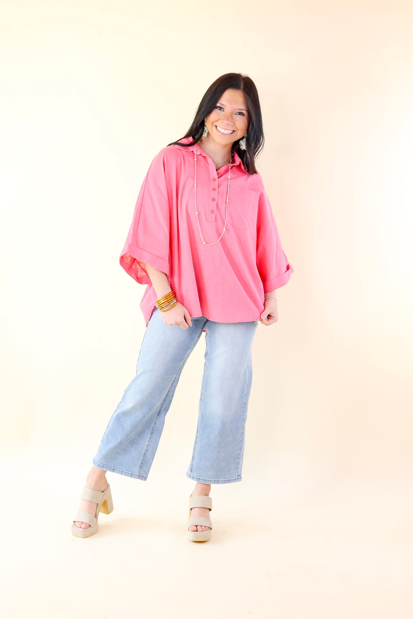 Sweet Surprise Half Button Up Poncho Top with Collared Neckline in Coral Pink - Giddy Up Glamour Boutique