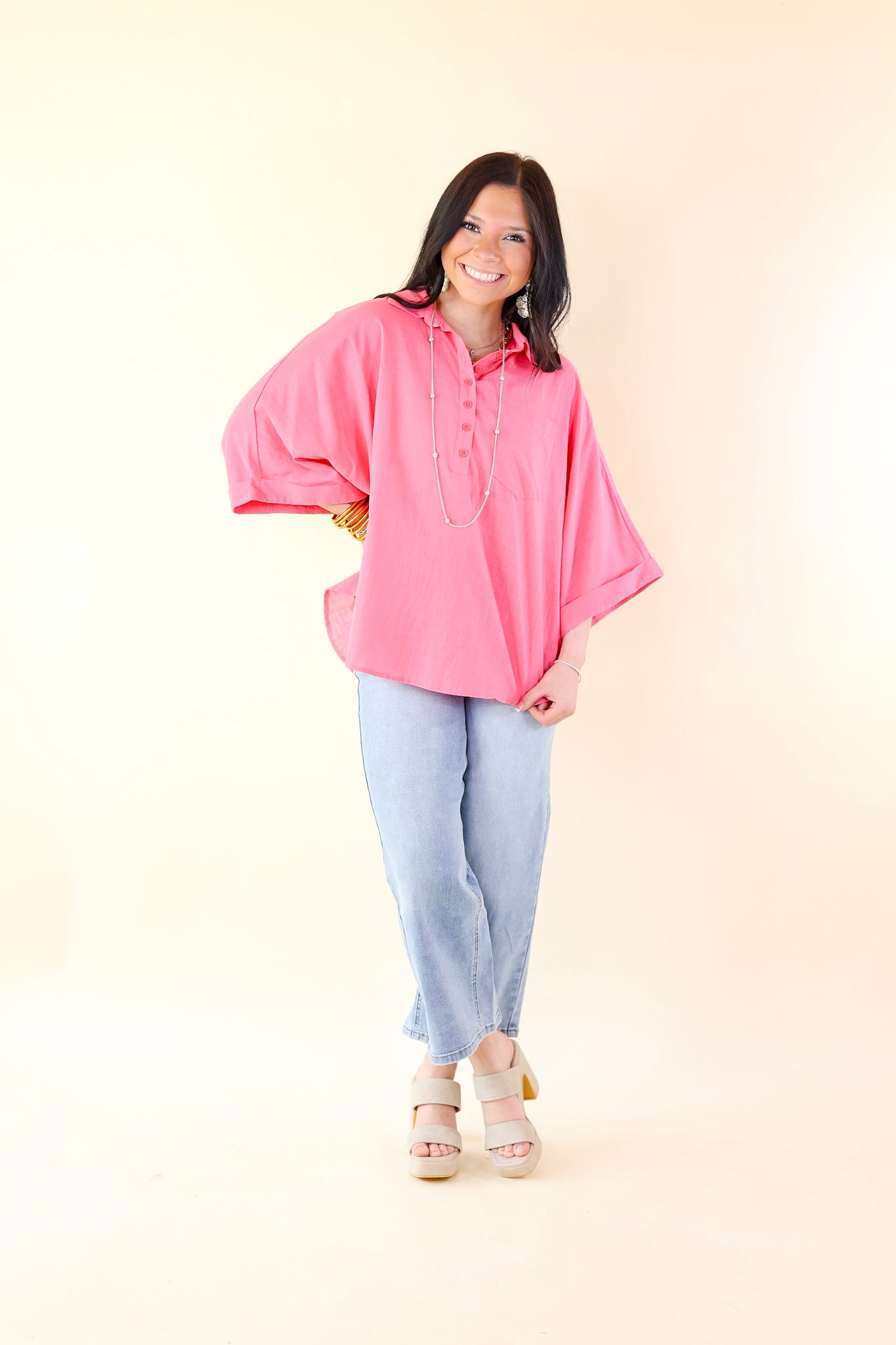 Sweet Surprise Half Button Up Poncho Top with Collared Neckline in Coral Pink - Giddy Up Glamour Boutique